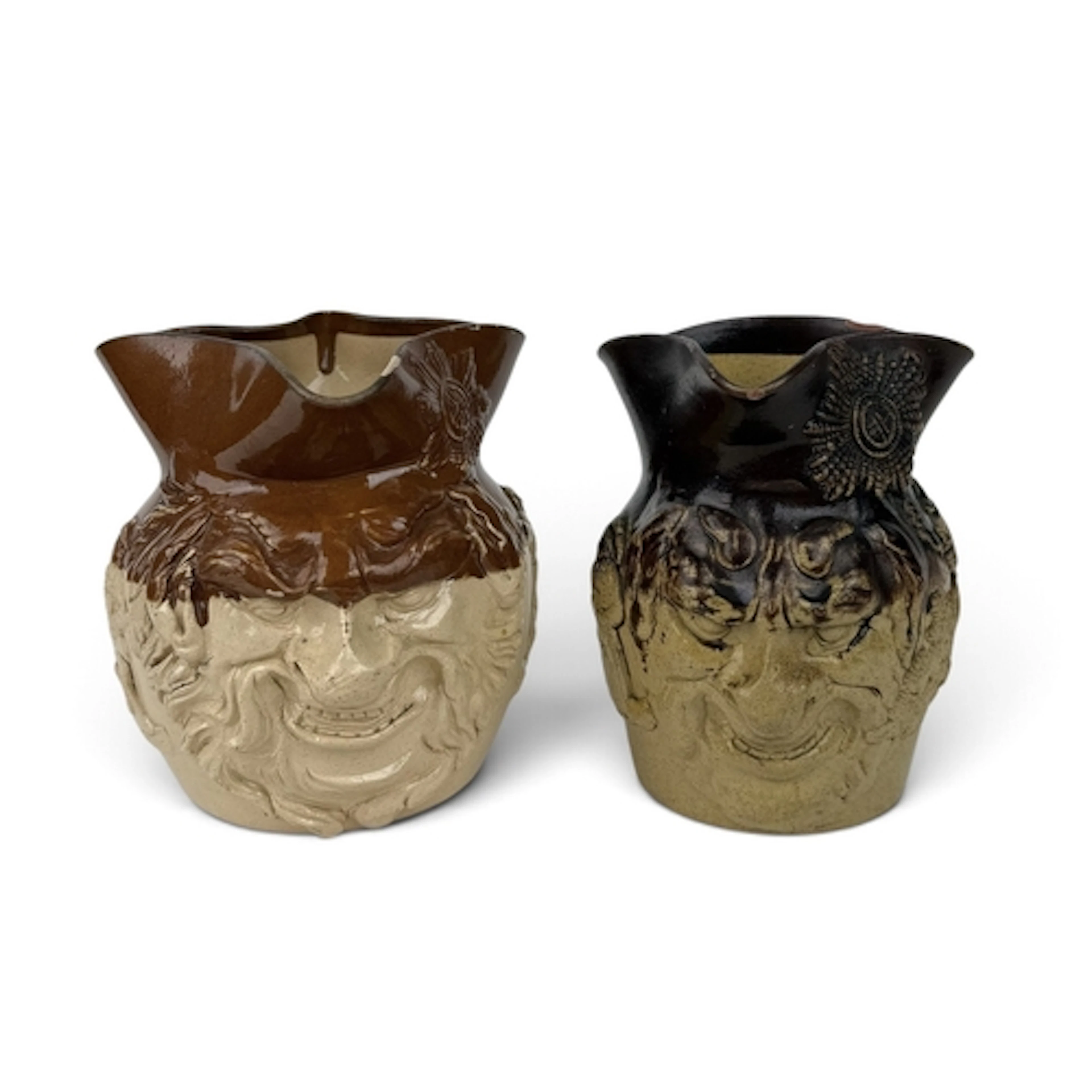 TWO ENGLISH SALT-GLAZED STONEWARE CHARACTER JUG DEPICTING FR...