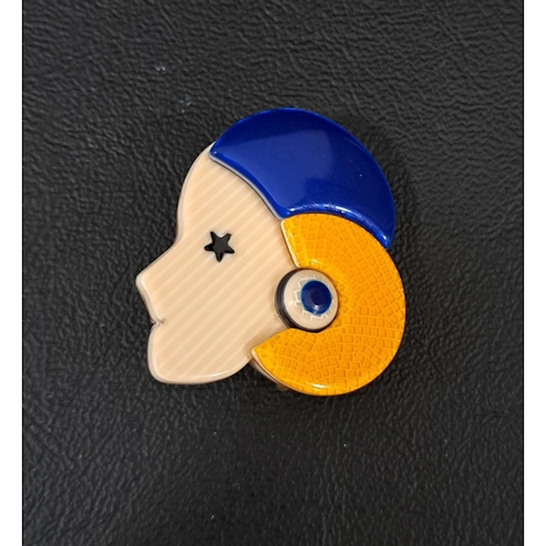 LEA STEIN ART DECO LADY BROOCH with metallic blue cloche hat...
