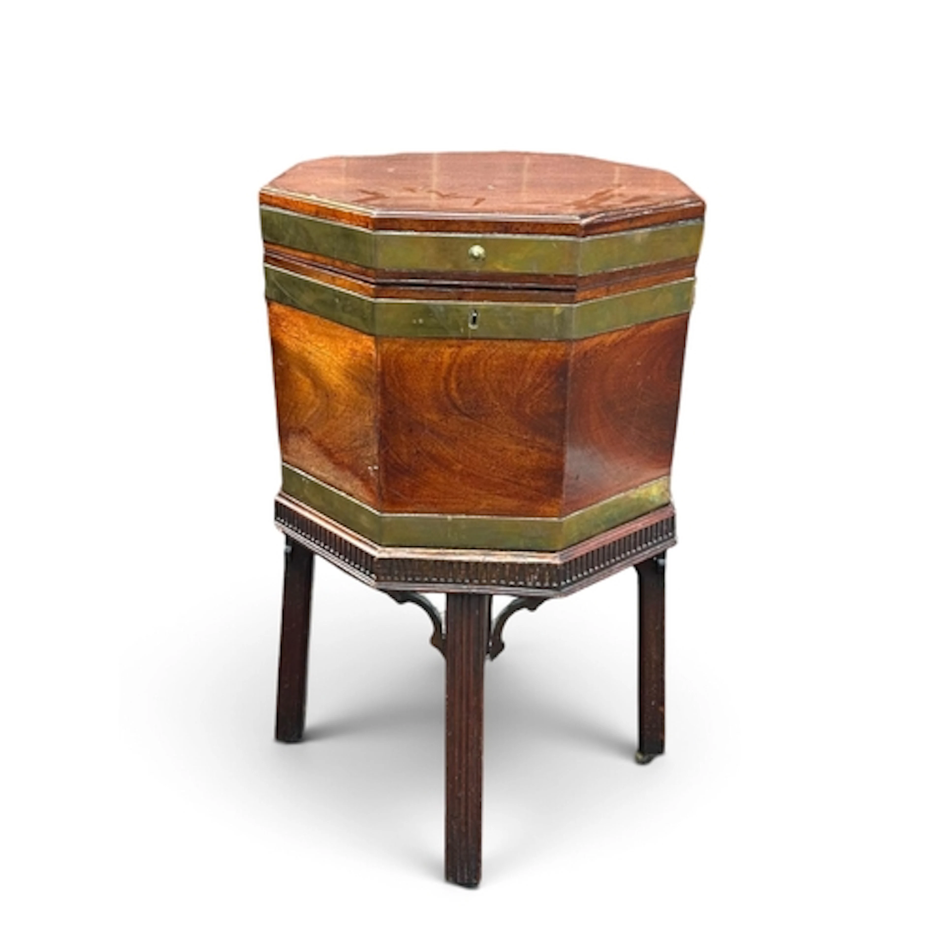 A GEORGE III MAHOGANY BRASS BOUND OCTAGONAL WINE COOLER Lead...