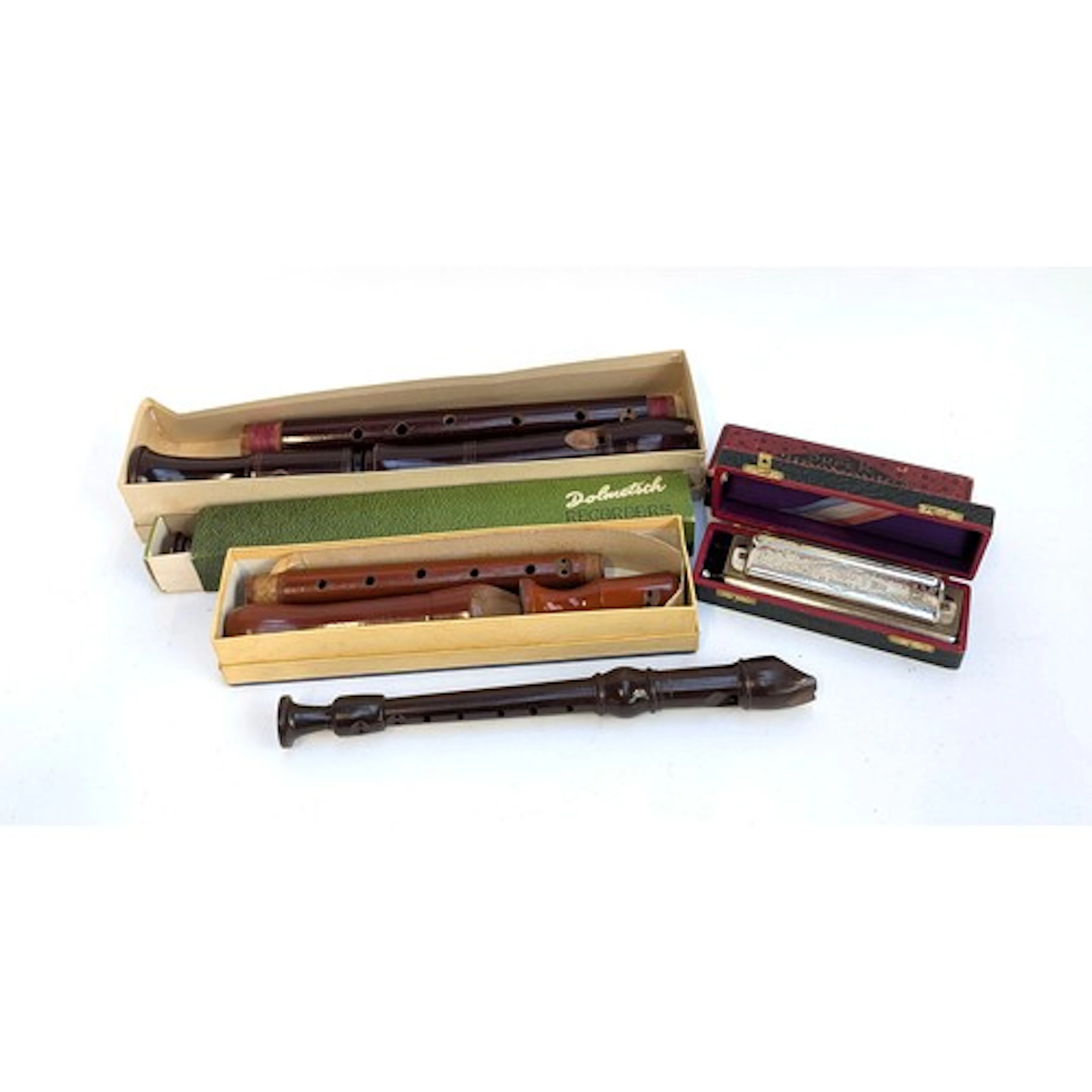 A collection of vintage wooden recorders (boxed) to include:...