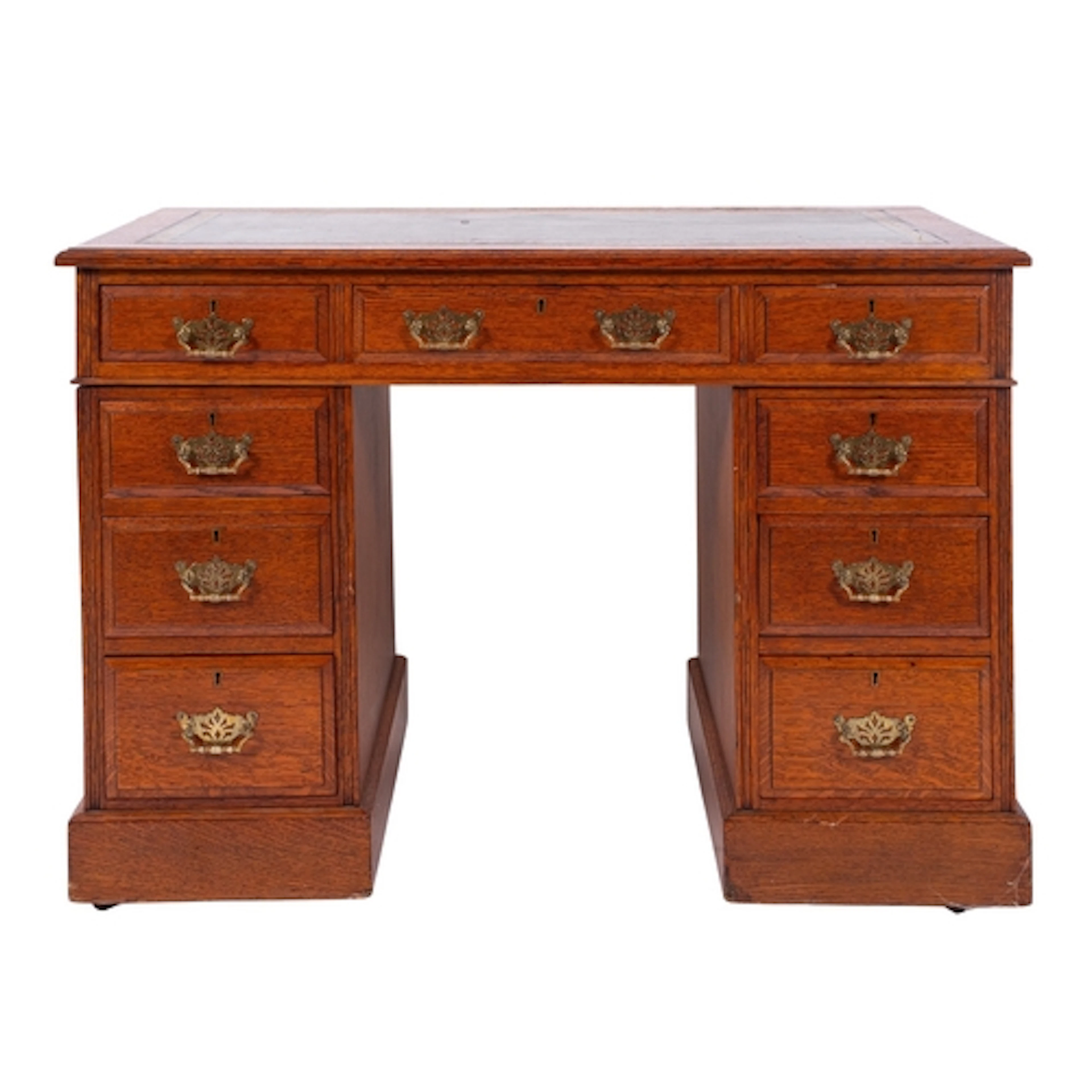 An oak pedestal desk in George III style, early 20th Century...