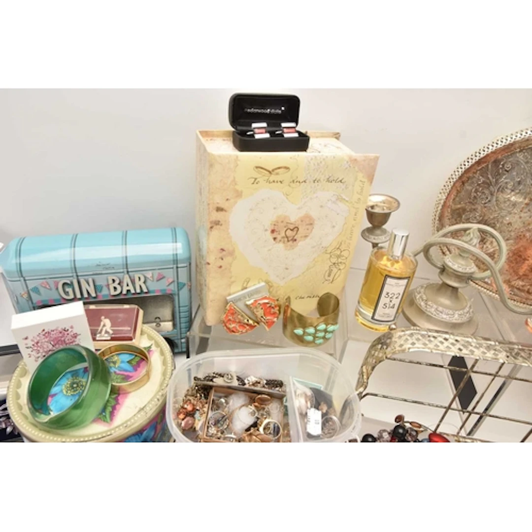 TWO BOXES OF ASSORTED COSTUME JEWELLERY, METAL WARE ETC, to ...