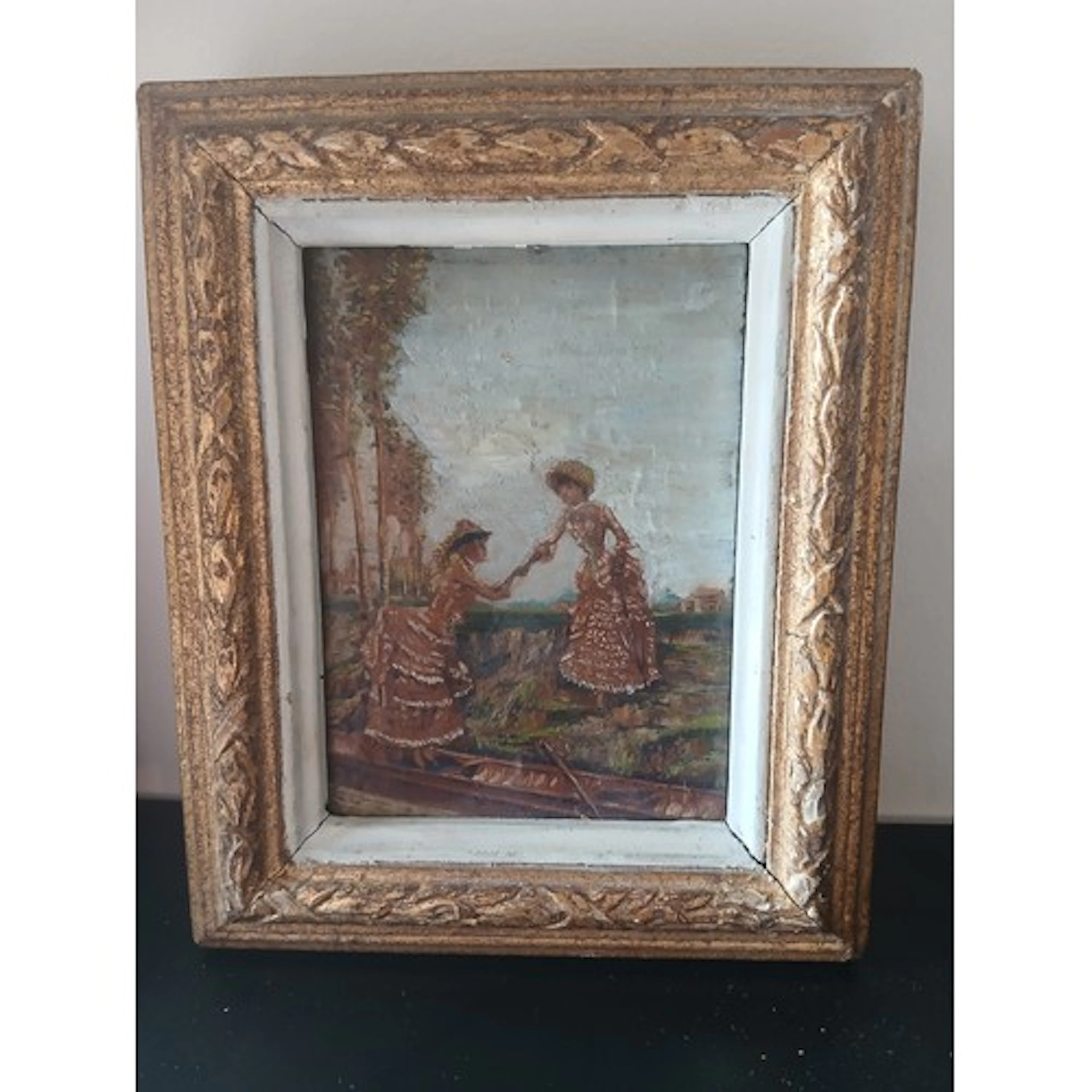 Antique School Figures Alighting River Punt Oil on Panel App...