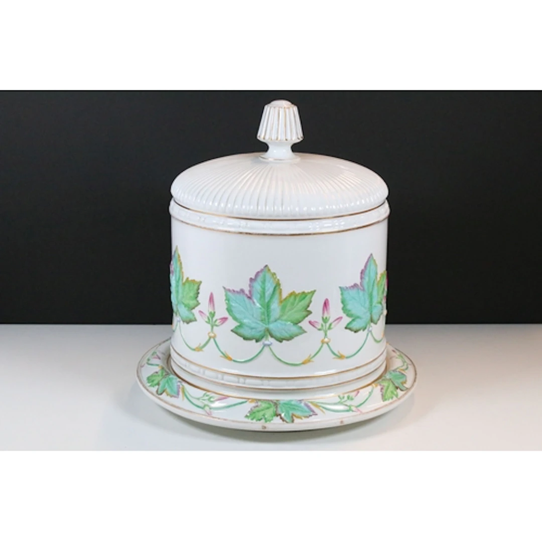 Copeland majolica cheese dome and plate, having relief mould...