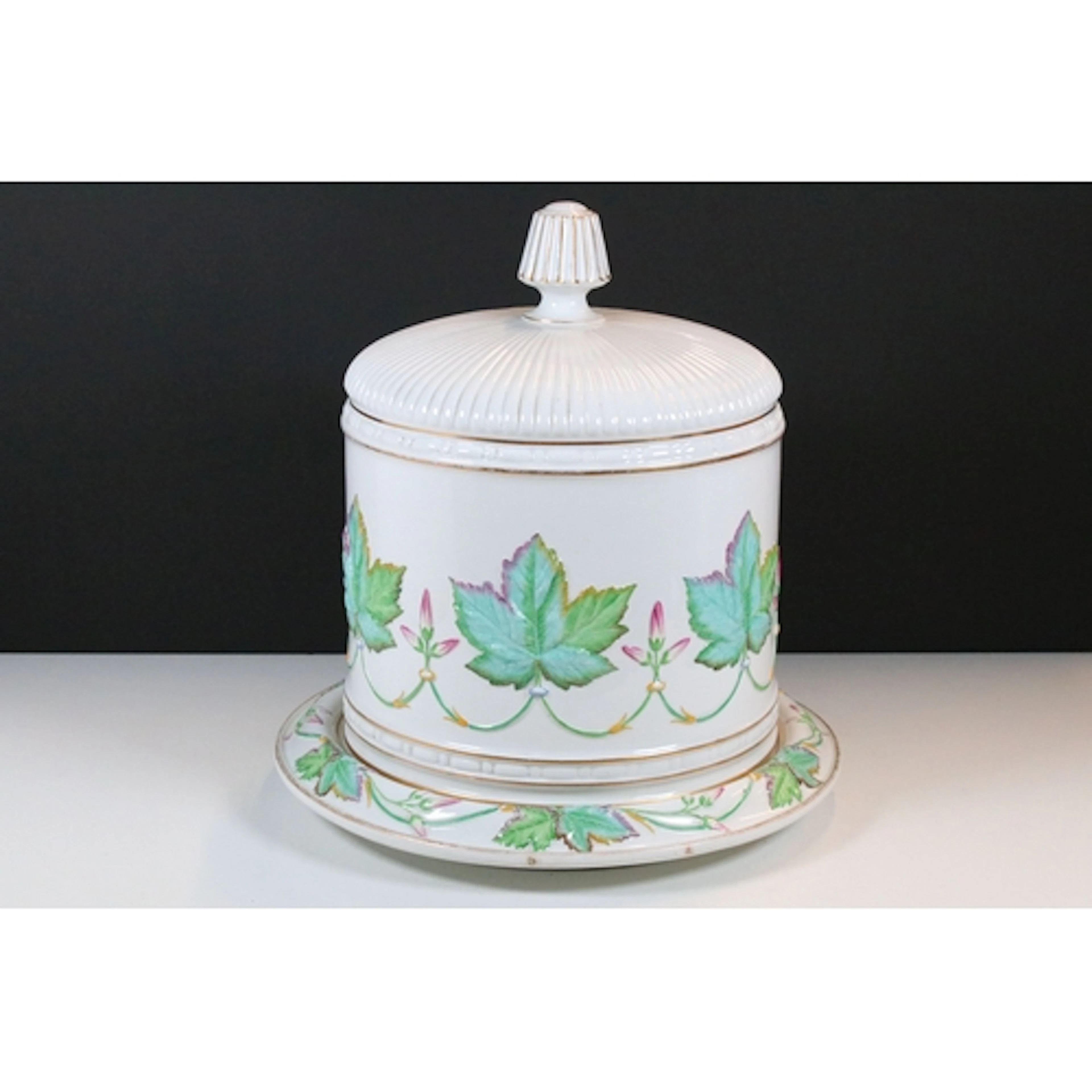 Copeland majolica cheese dome and plate, having relief mould...