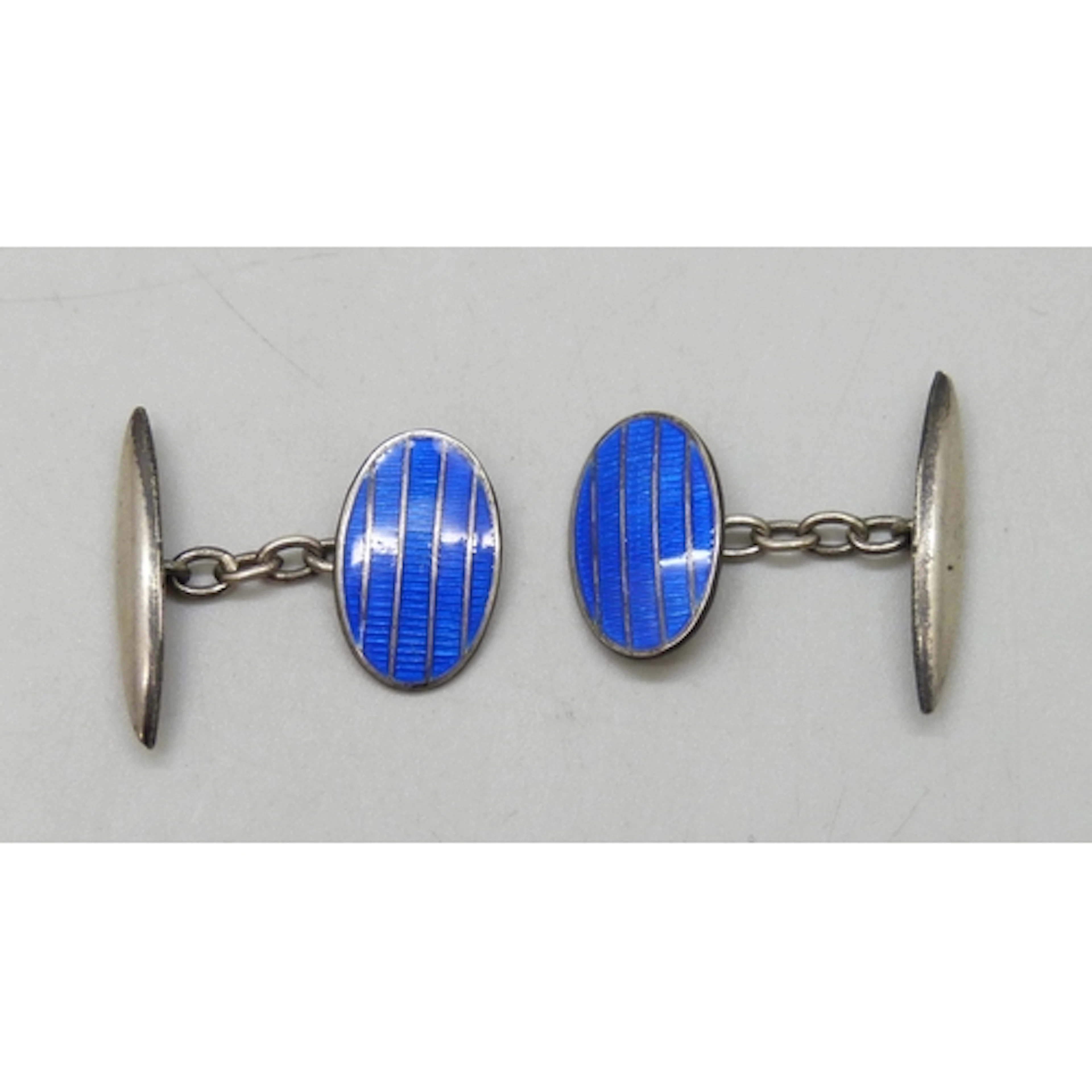 A pair of circa 1930s Art Deco silver and blue guilloche ena...