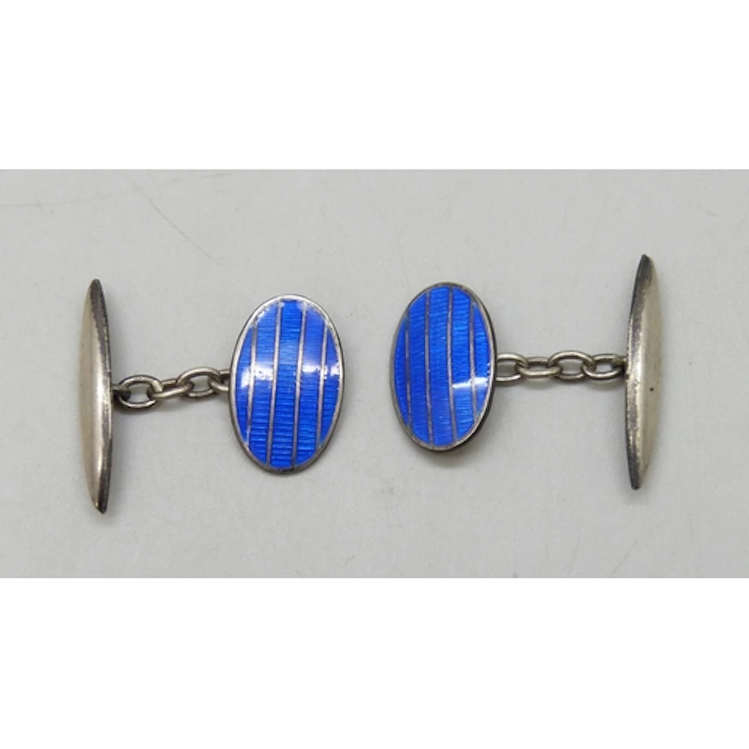 A pair of circa 1930s Art Deco silver and blue guilloche ena...