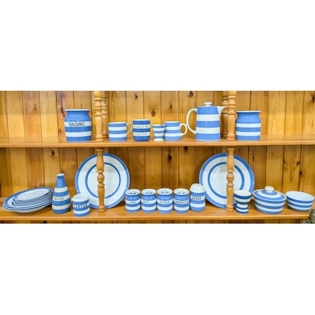 A collection of Greens blue and white Cornish ware