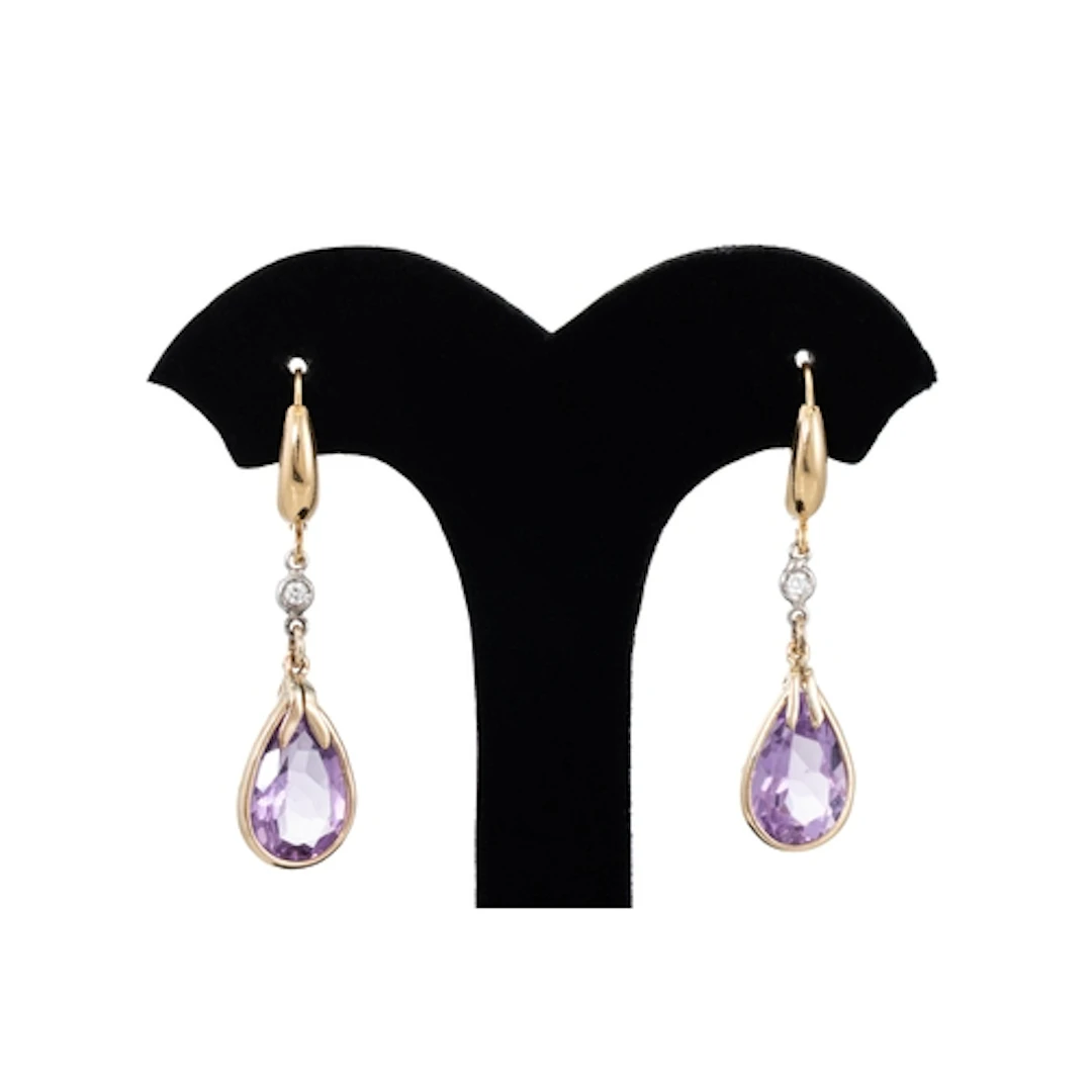 A PAIR OF AMETHYST AND DIAMOND DROP EARRINGS, mounted in 18c...
