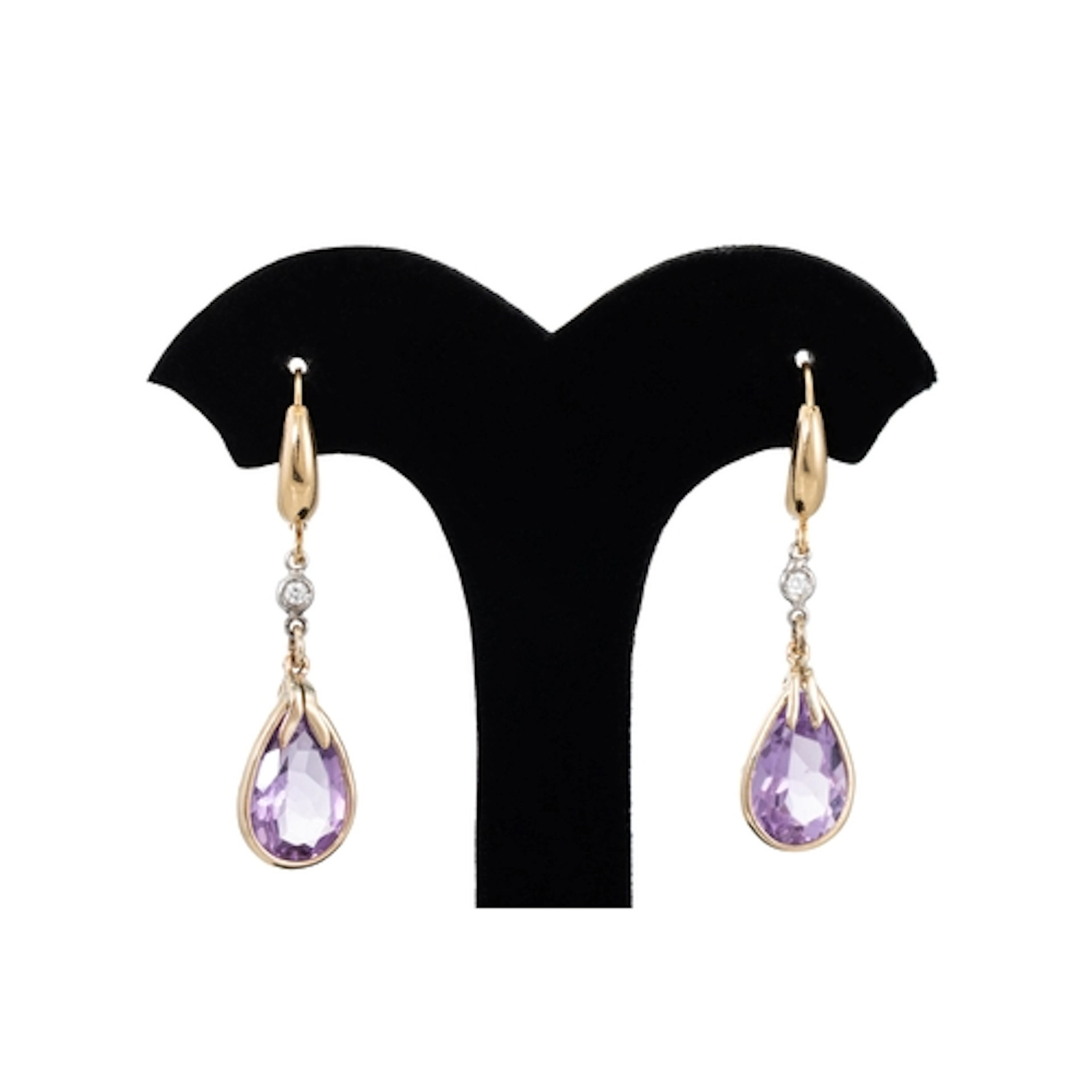 A PAIR OF AMETHYST AND DIAMOND DROP EARRINGS, mounted in 18c...