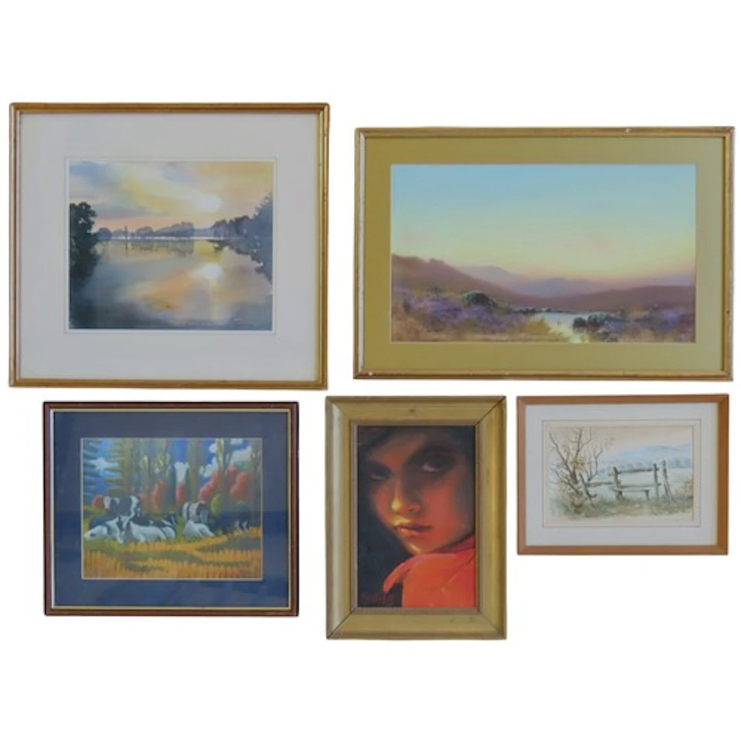 A PORTRAIT OIL PAINTING, STYLISED PRINT OF CATTLE AND THREE ...