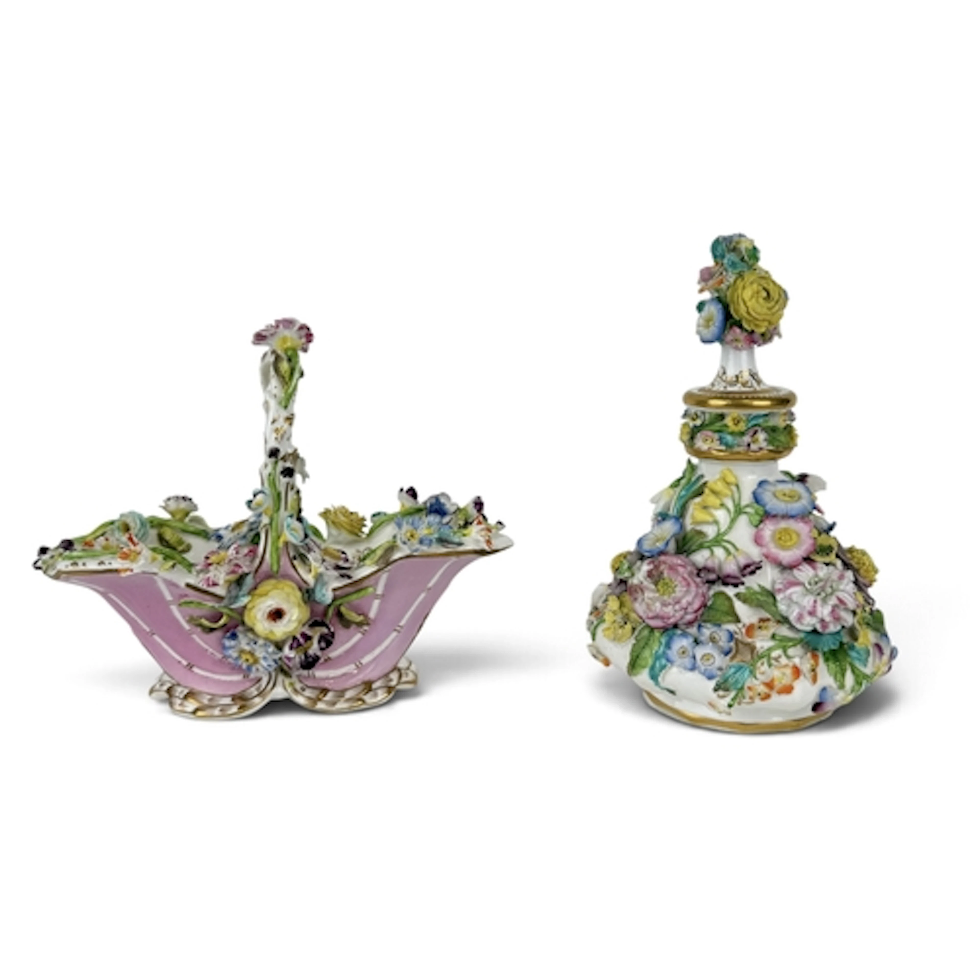 A COALBROOKDALE PORCELAIN SHAPED OVAL BASKET, ENCRUSTED WITH...
