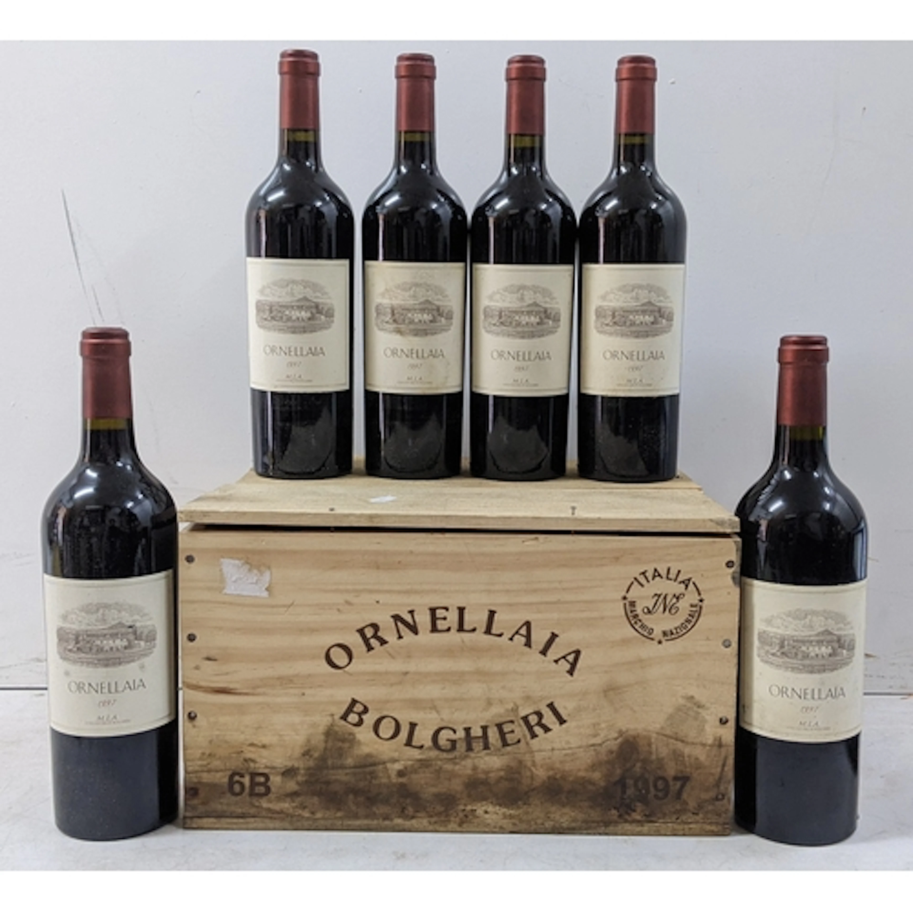 A case of six bottles of Ornellaia, 1997, in original wooden...