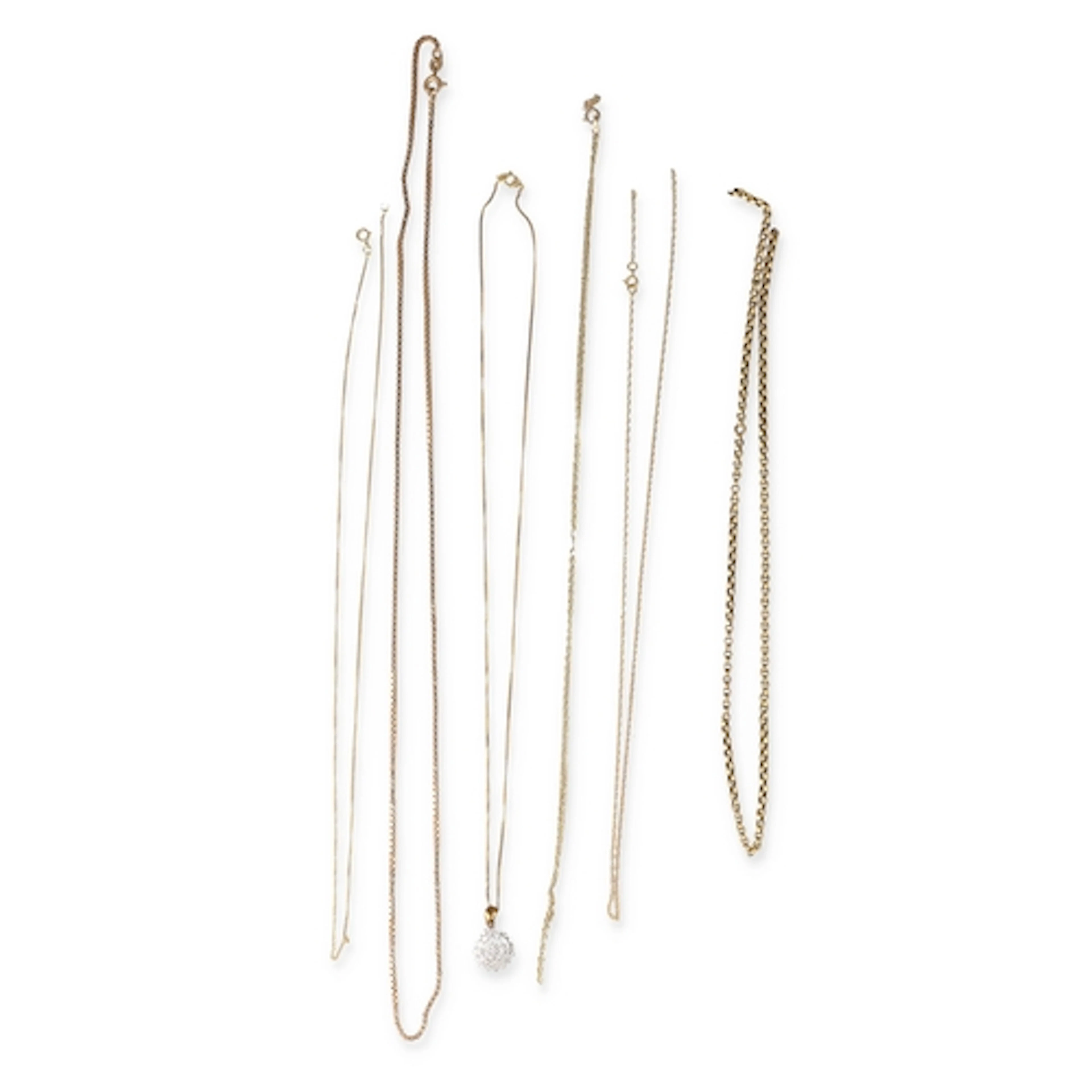 FIVE GOLD NECKLACES, MOSTLY SIX GOLD NECKCHAINS, MOSTLY 9CT ...