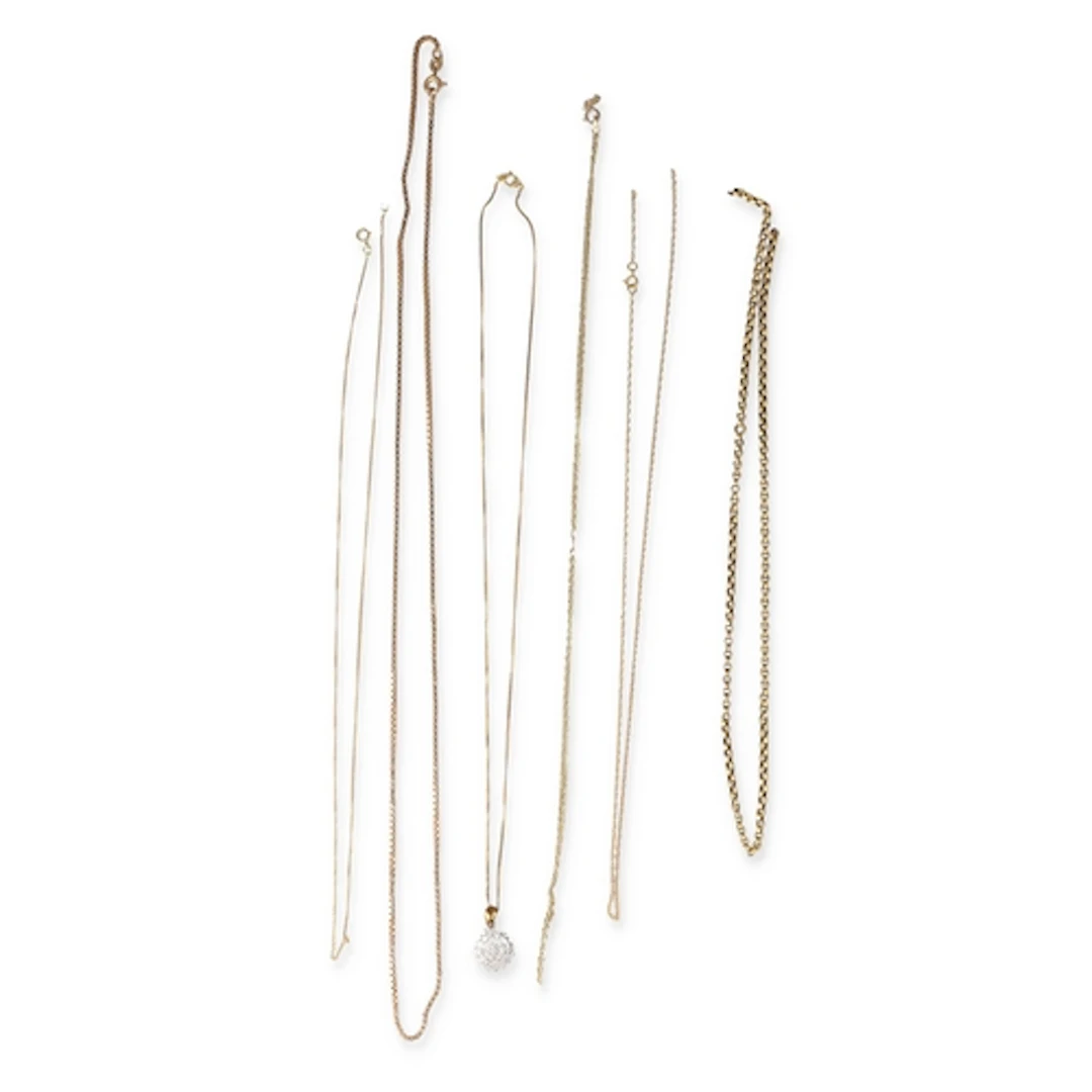 FIVE GOLD NECKLACES, MOSTLY SIX GOLD NECKCHAINS, MOSTLY 9CT ...