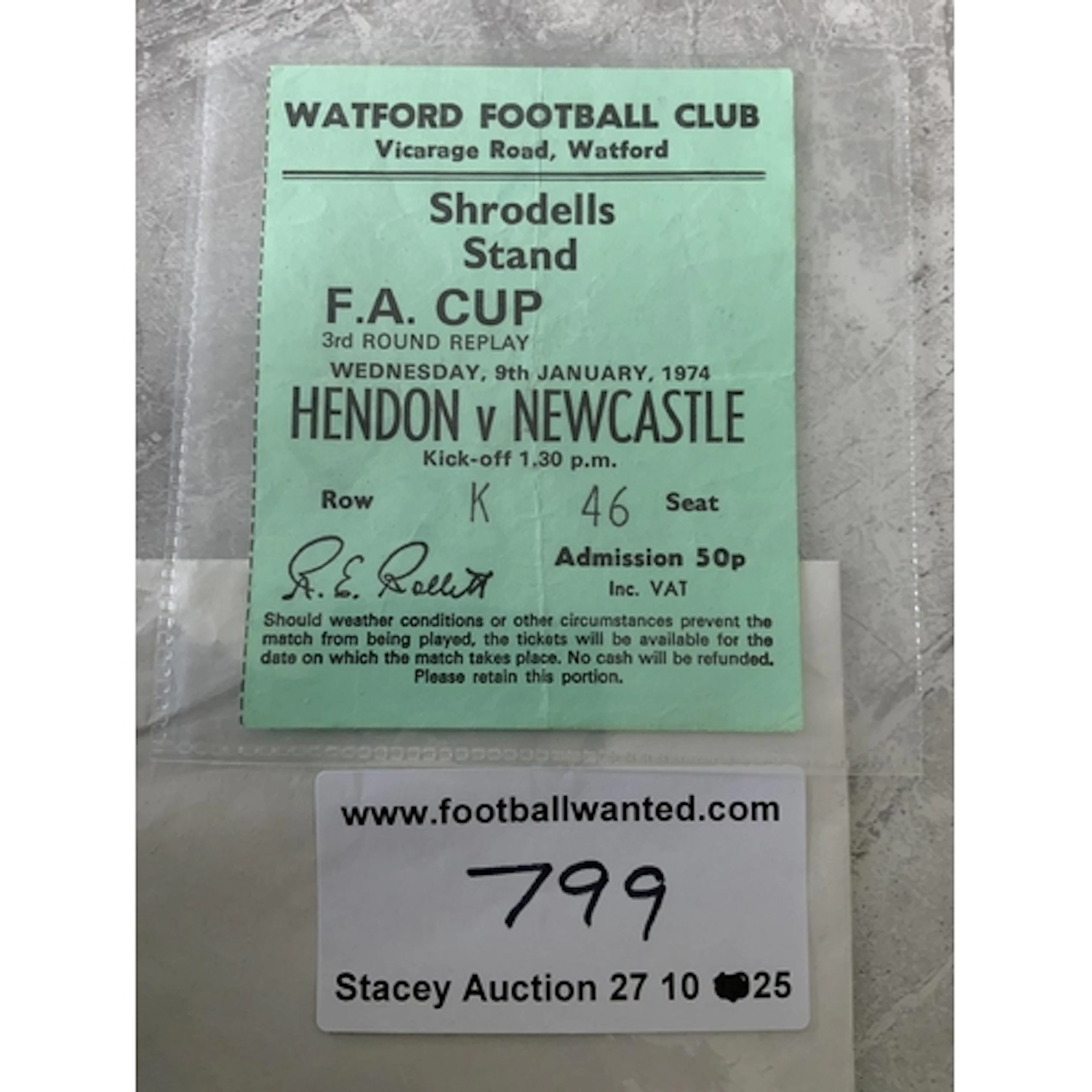 1974 Hendon v Newcastle United FA Cup Replay Football Ticket...