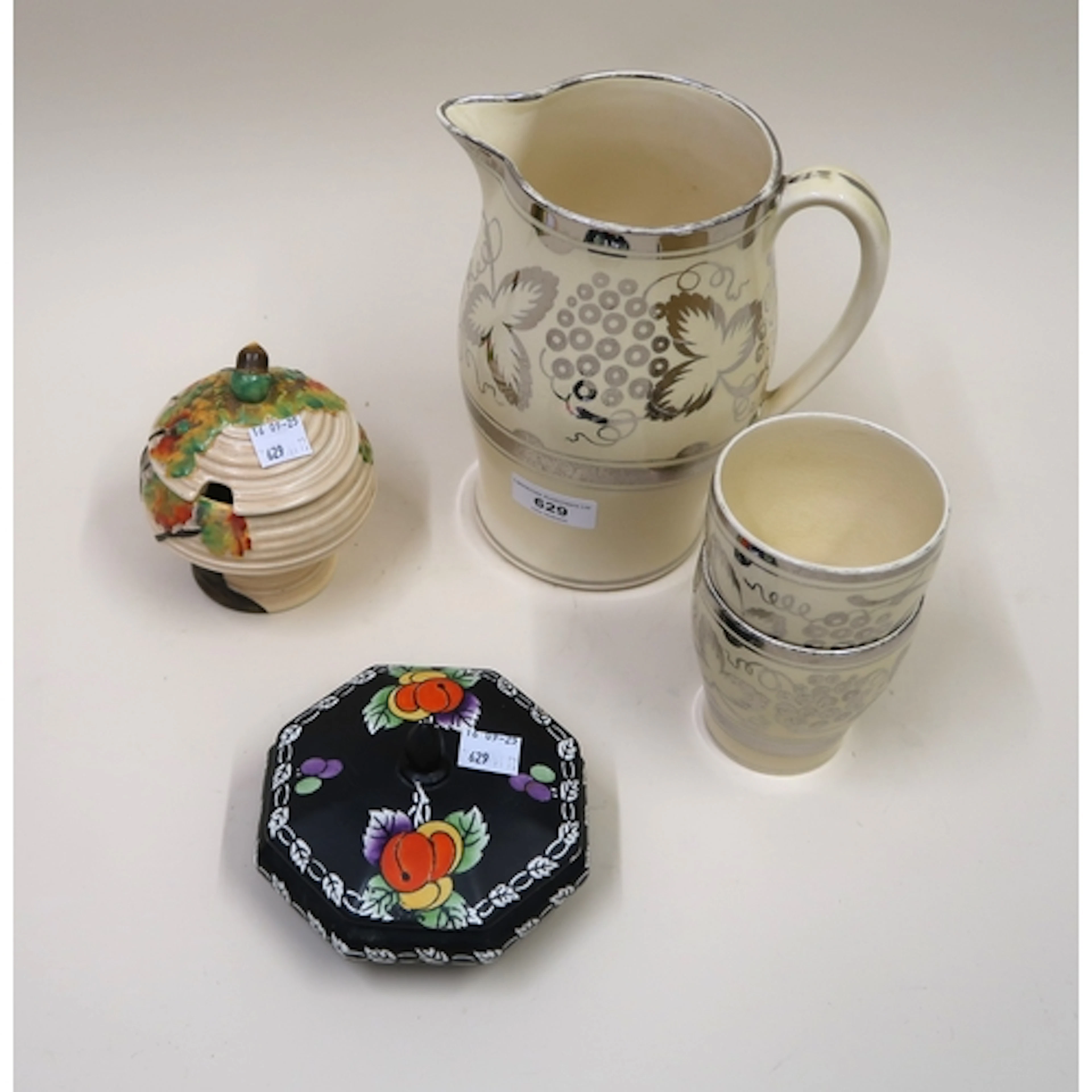 Grays pottery silver lustre and cream jug with two beakers b...