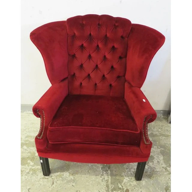 Deep Button Wing Backed Armchair, red upholstery, wooden sup...