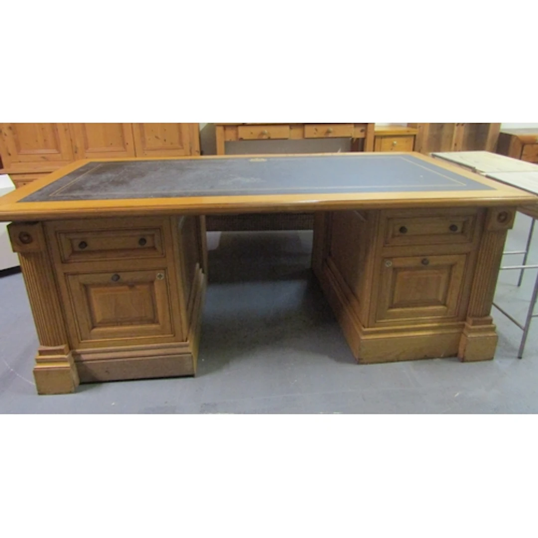 Solid Oak Office Desk of Generous Form with Panel Inset Pede...