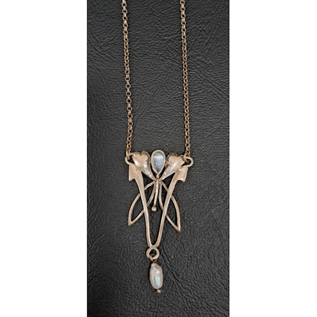 ART NOUVEAU STYLE MOONSTONE AND PEARL SET SILVER NECKLACE th...