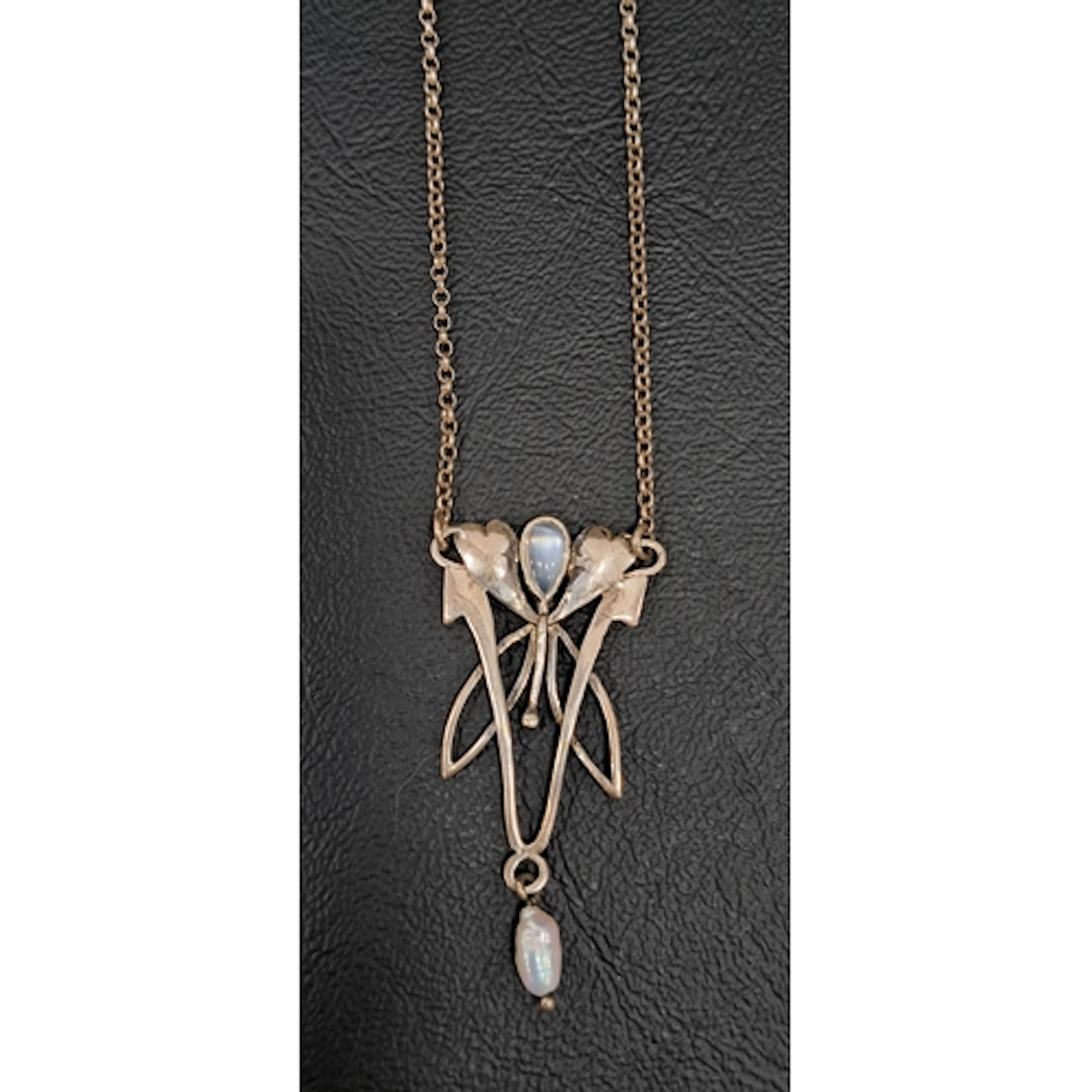 ART NOUVEAU STYLE MOONSTONE AND PEARL SET SILVER NECKLACE th...