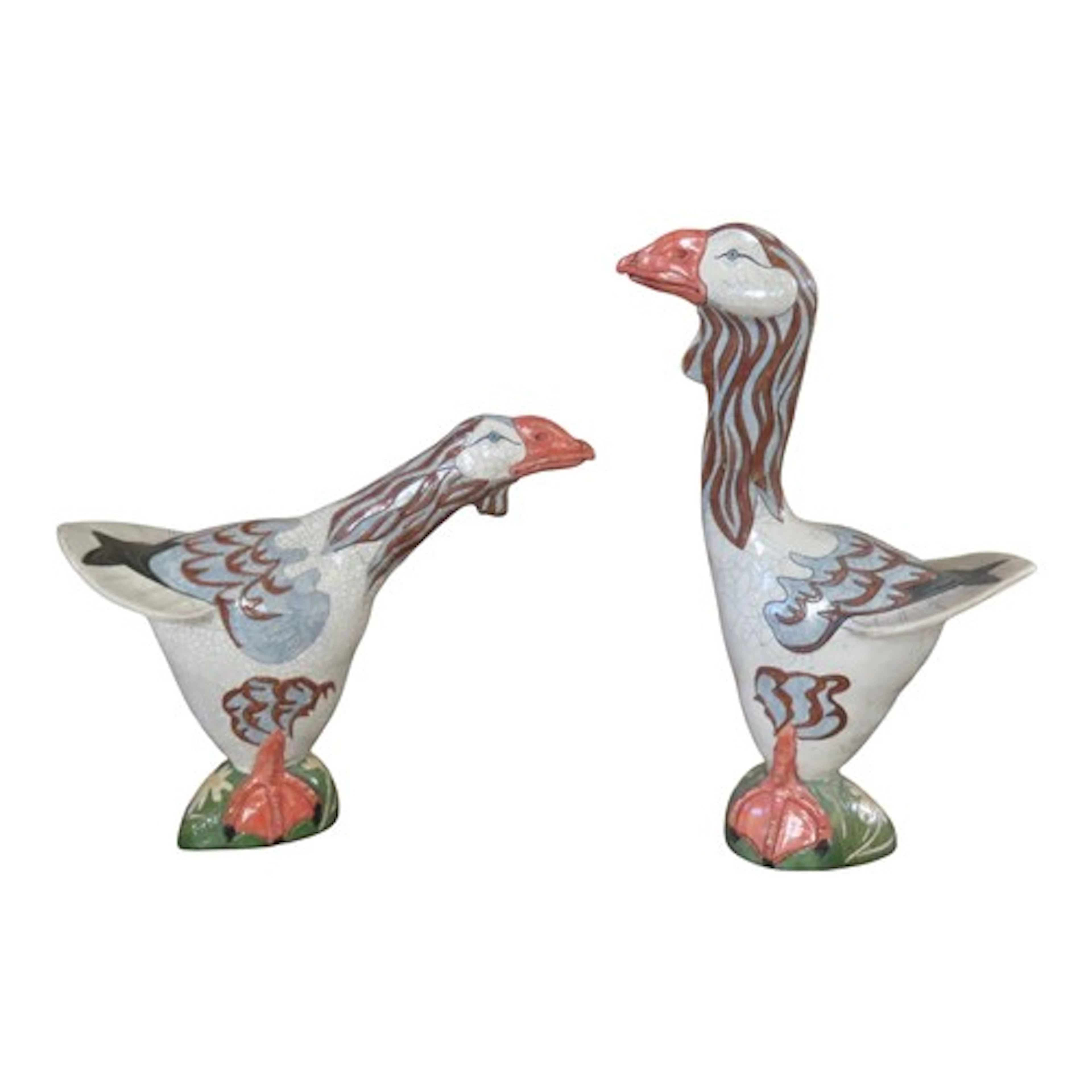 Two Studio Pottery models of geese with crazed and painted b...