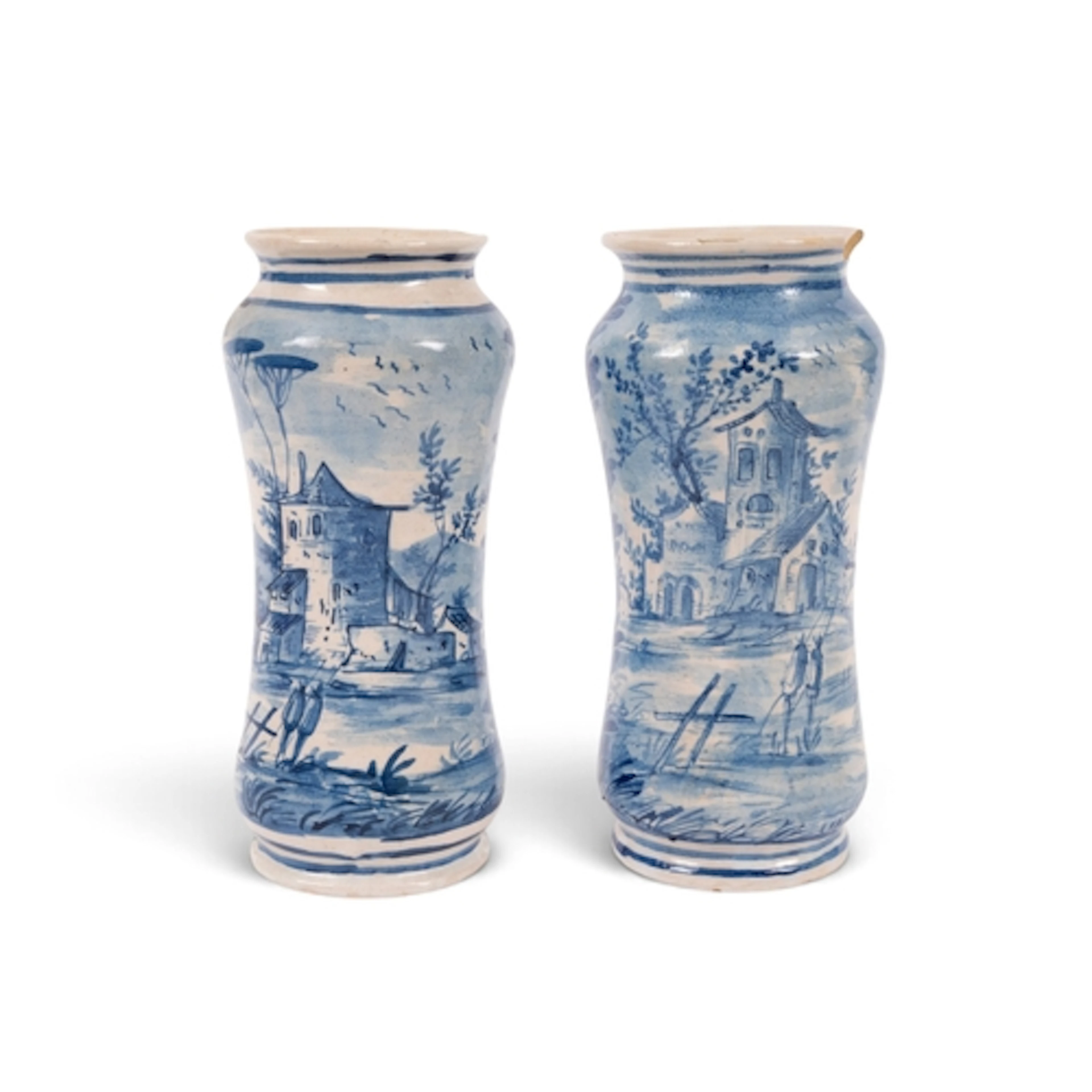 A pair of Savona maiolica albarelli, dated 1742, of tall wai...