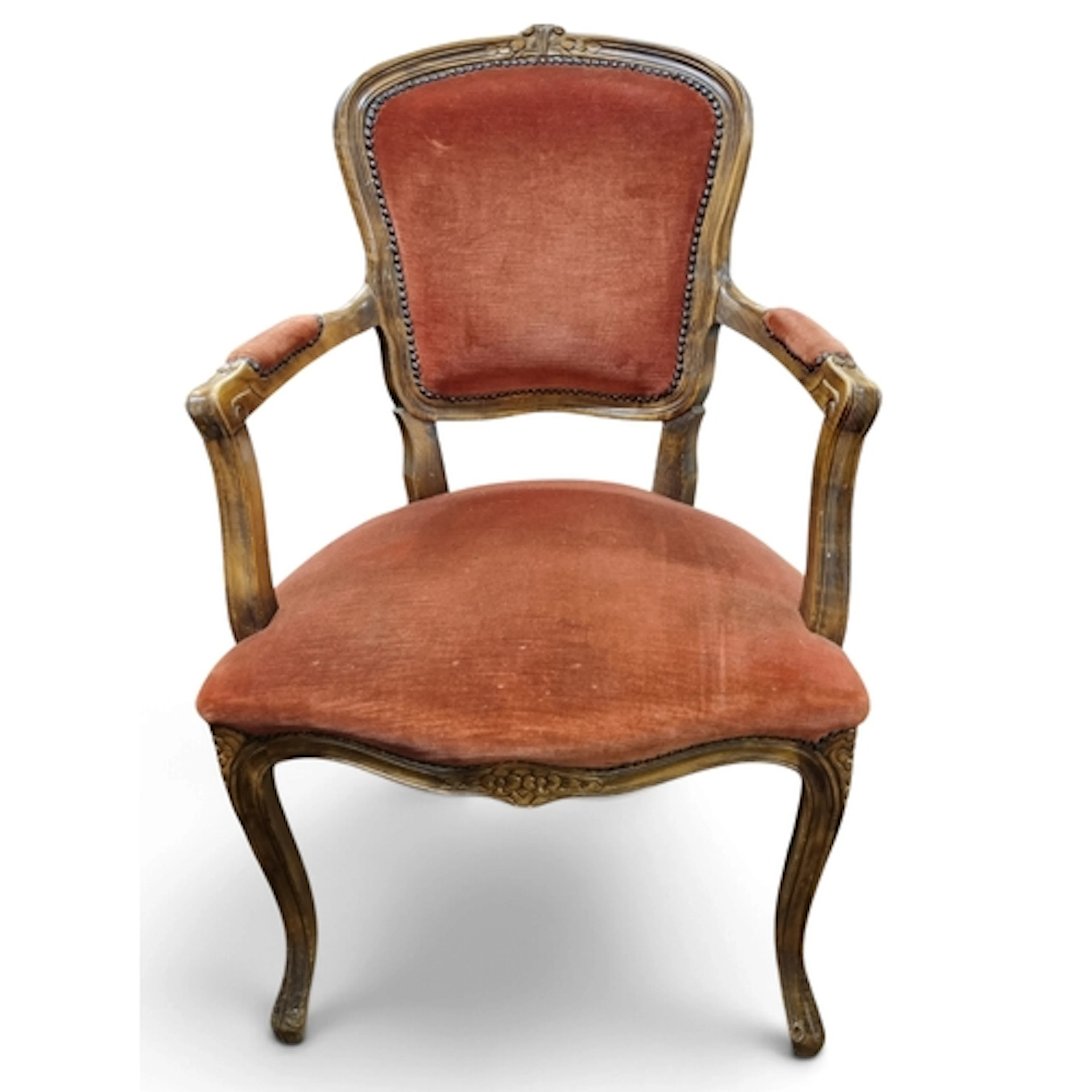 A 20th Century Walnut Showframe Salon Carver. W 63 x SH 47 x...