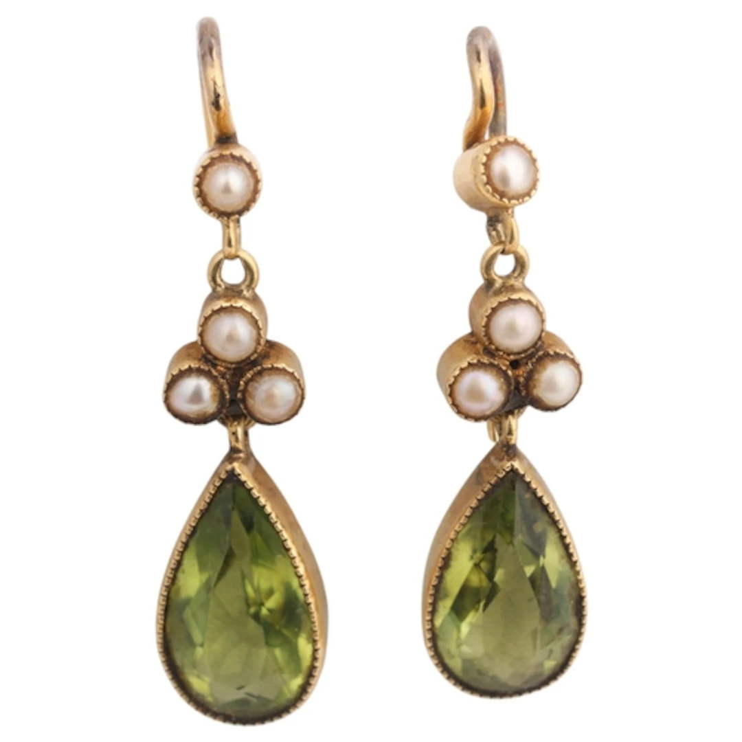 A pair of Edwardian 15ct gold peridot and seed pearl drop ea...