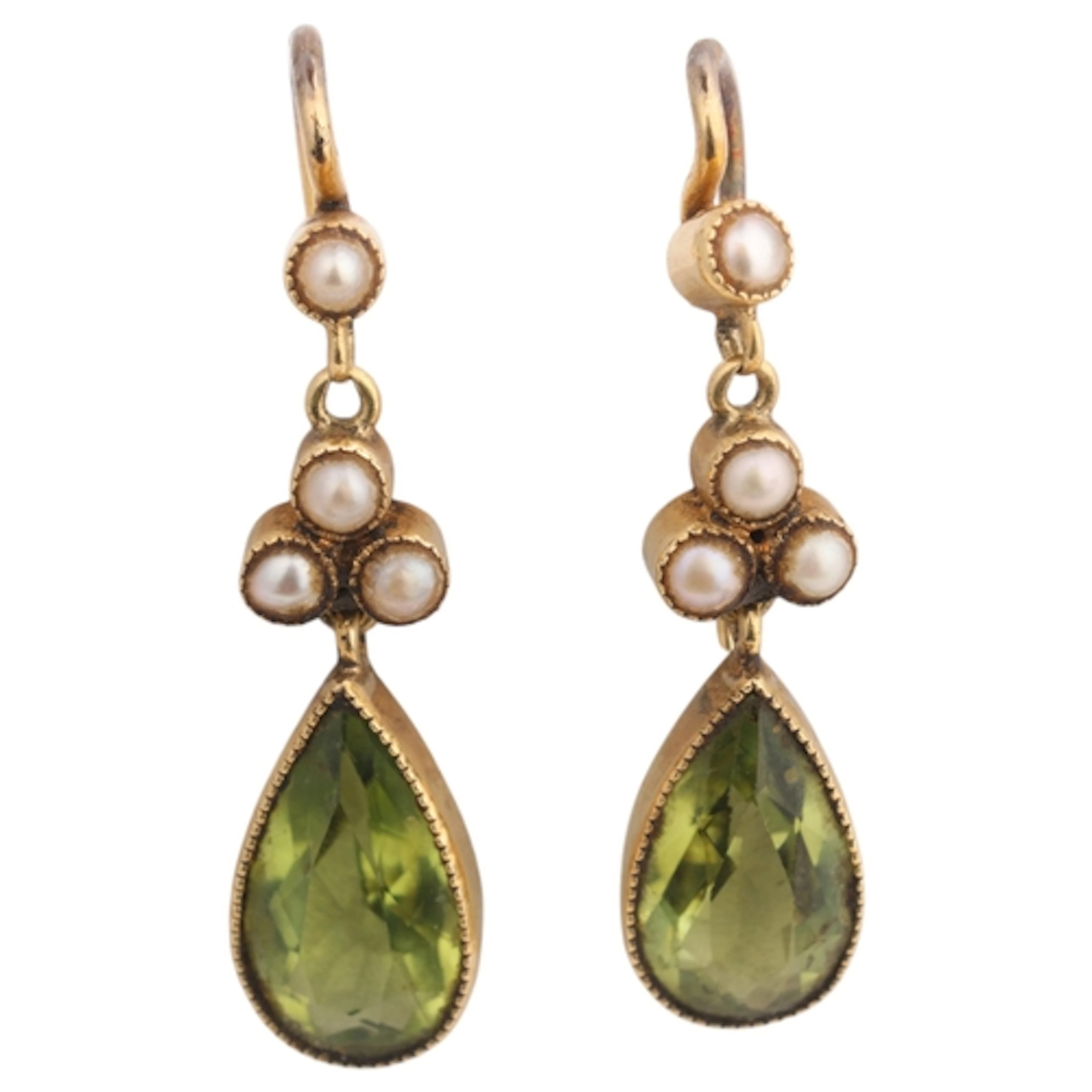 A pair of Edwardian 15ct gold peridot and seed pearl drop ea...