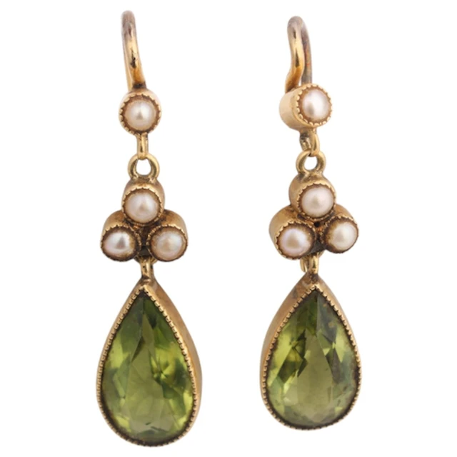 A pair of Edwardian 15ct gold peridot and seed pearl drop ea...