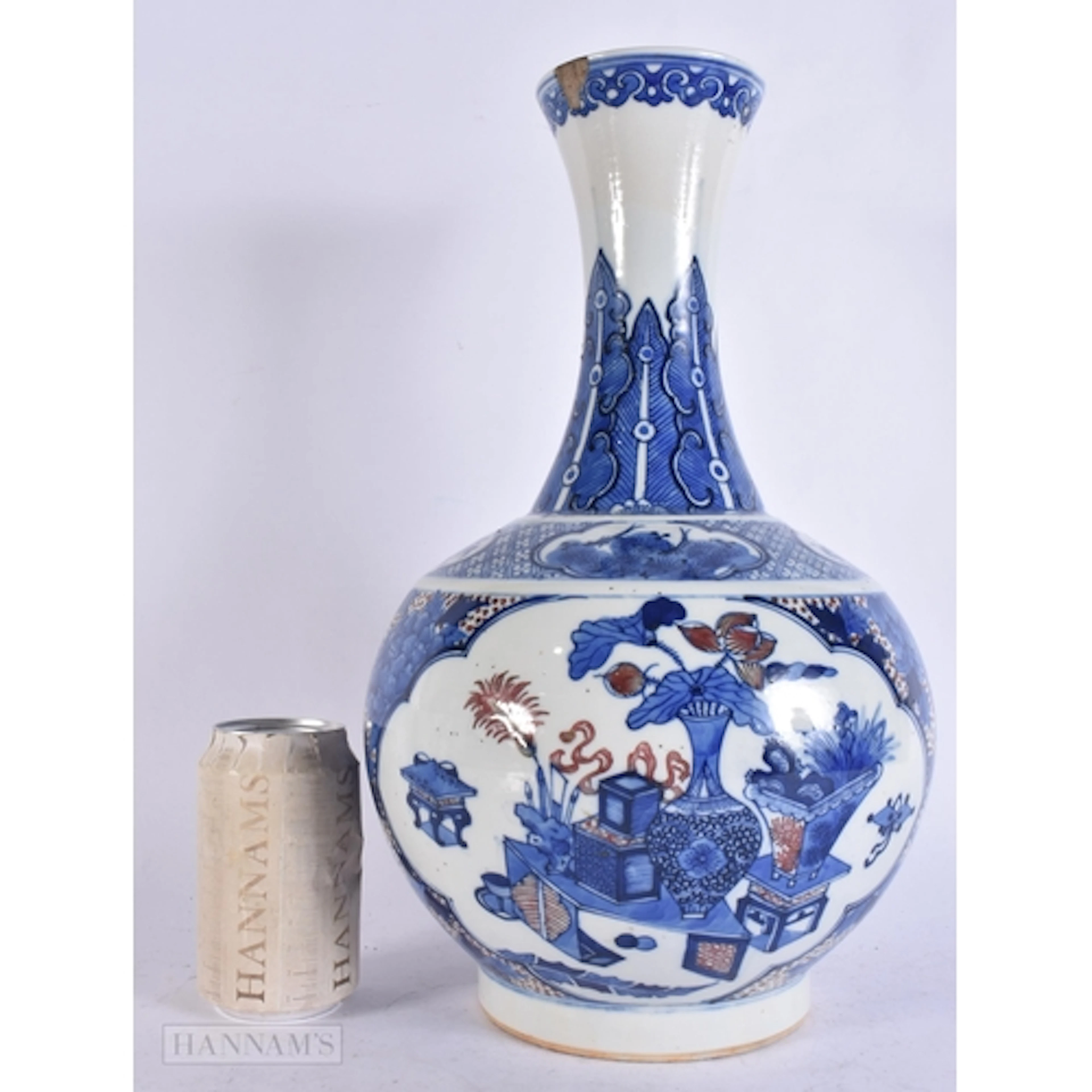 A LARGE 19TH CENTURY CHINESE BLUE AND WHITE IRON RED PORCELA...