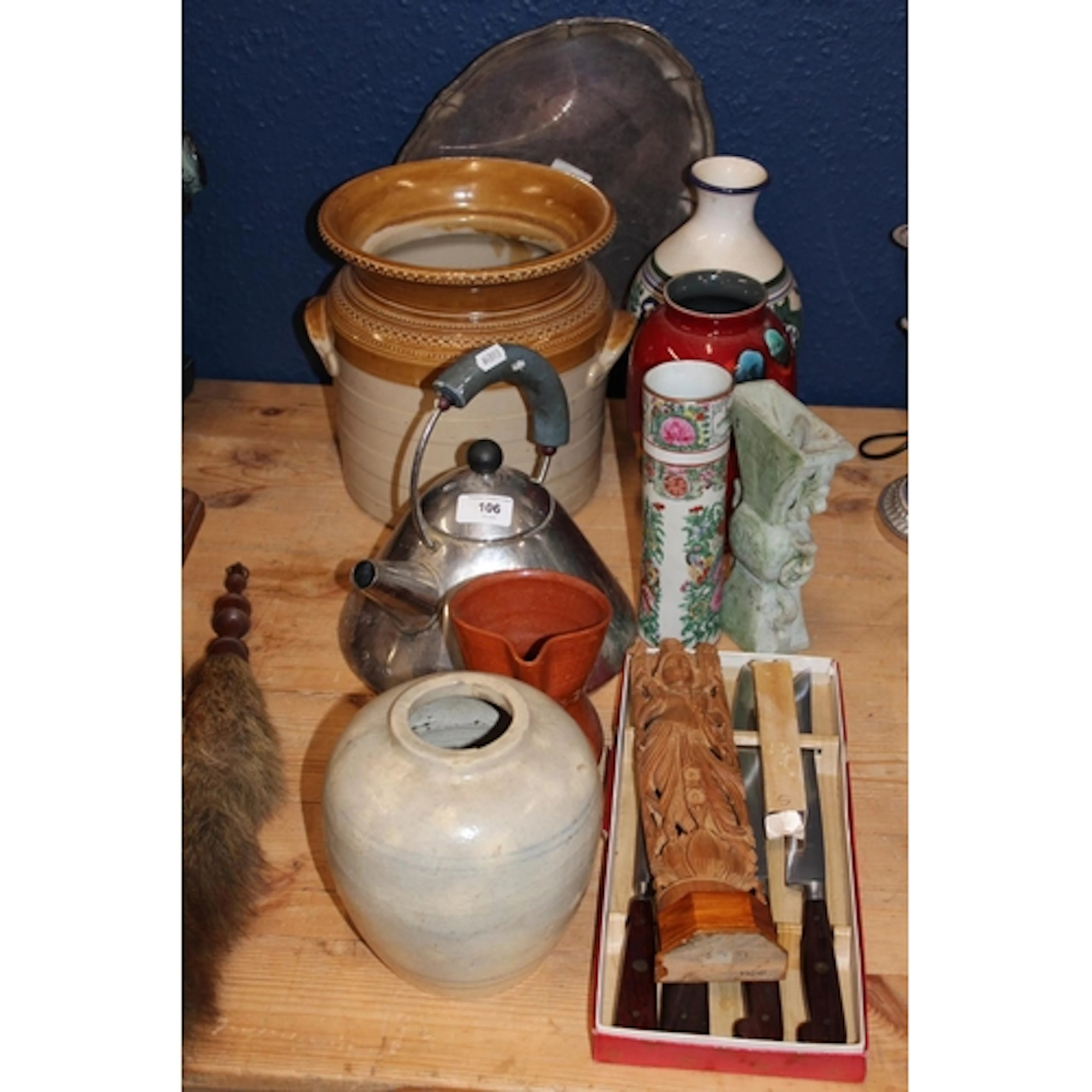 Poole vase, a Canton famille rose vase, a crock, a kettle, b...