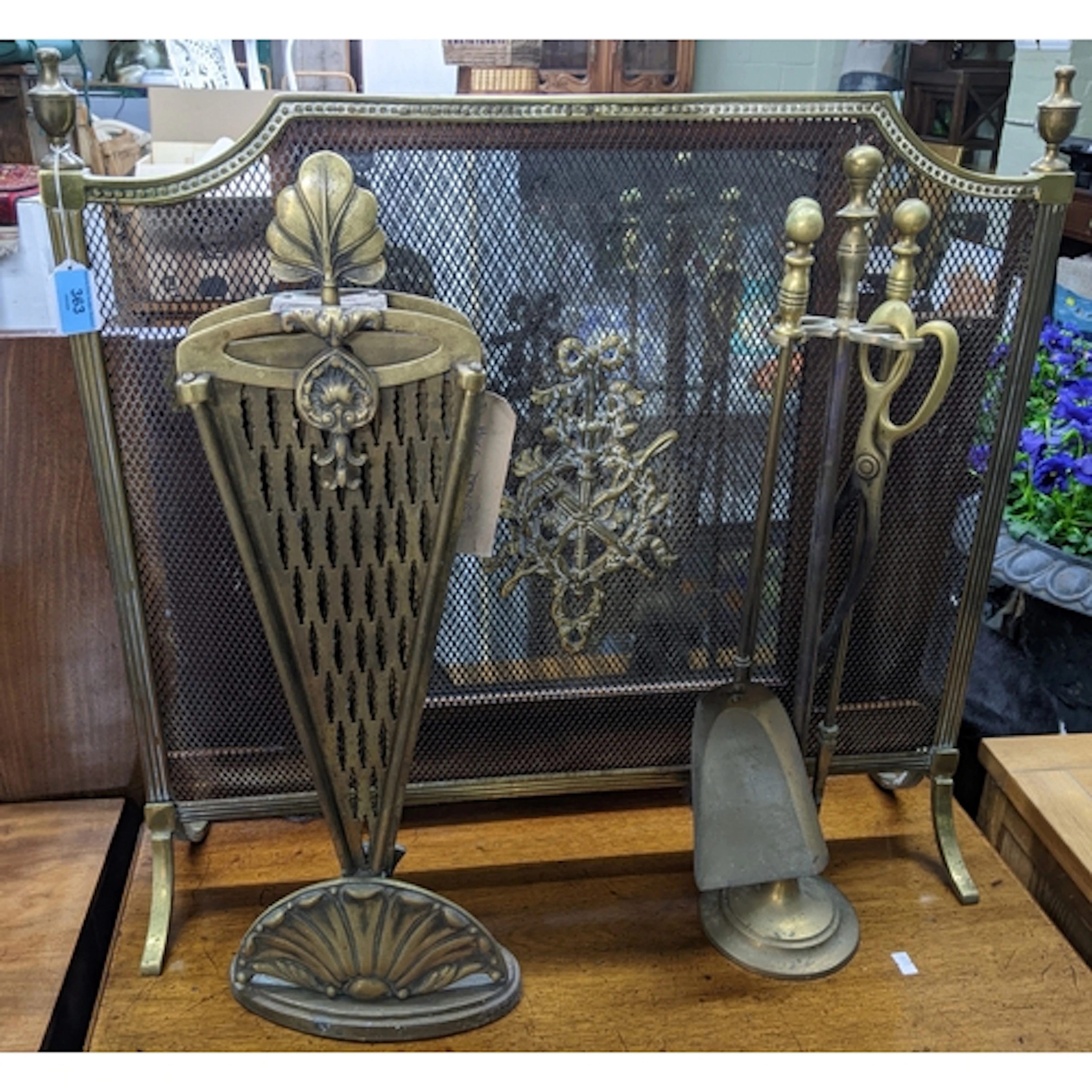 Brass fireside furniture to include a folding peacock fire s...
