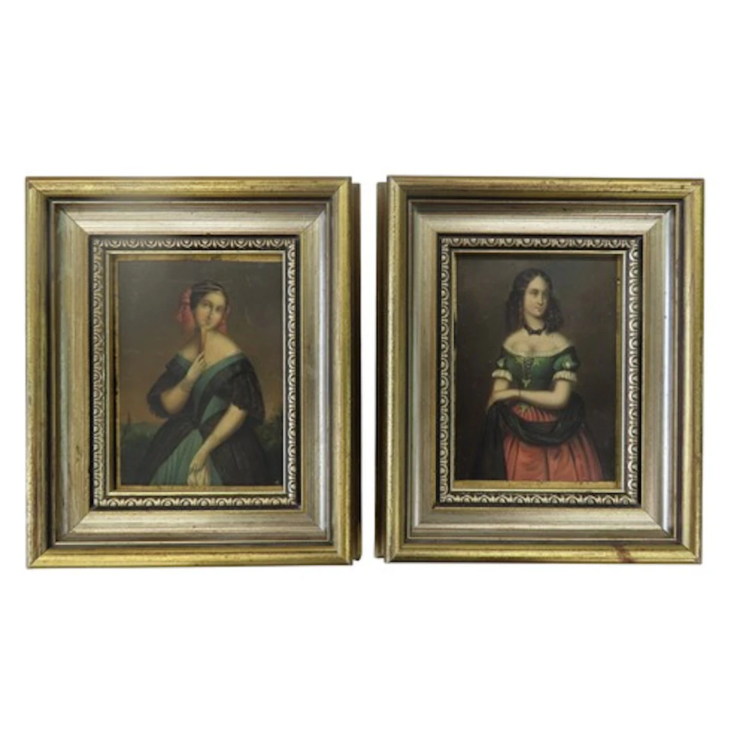 TWO PORTRAIT OIL PAINTINGS ON PANELS depicting elegant ladie...
