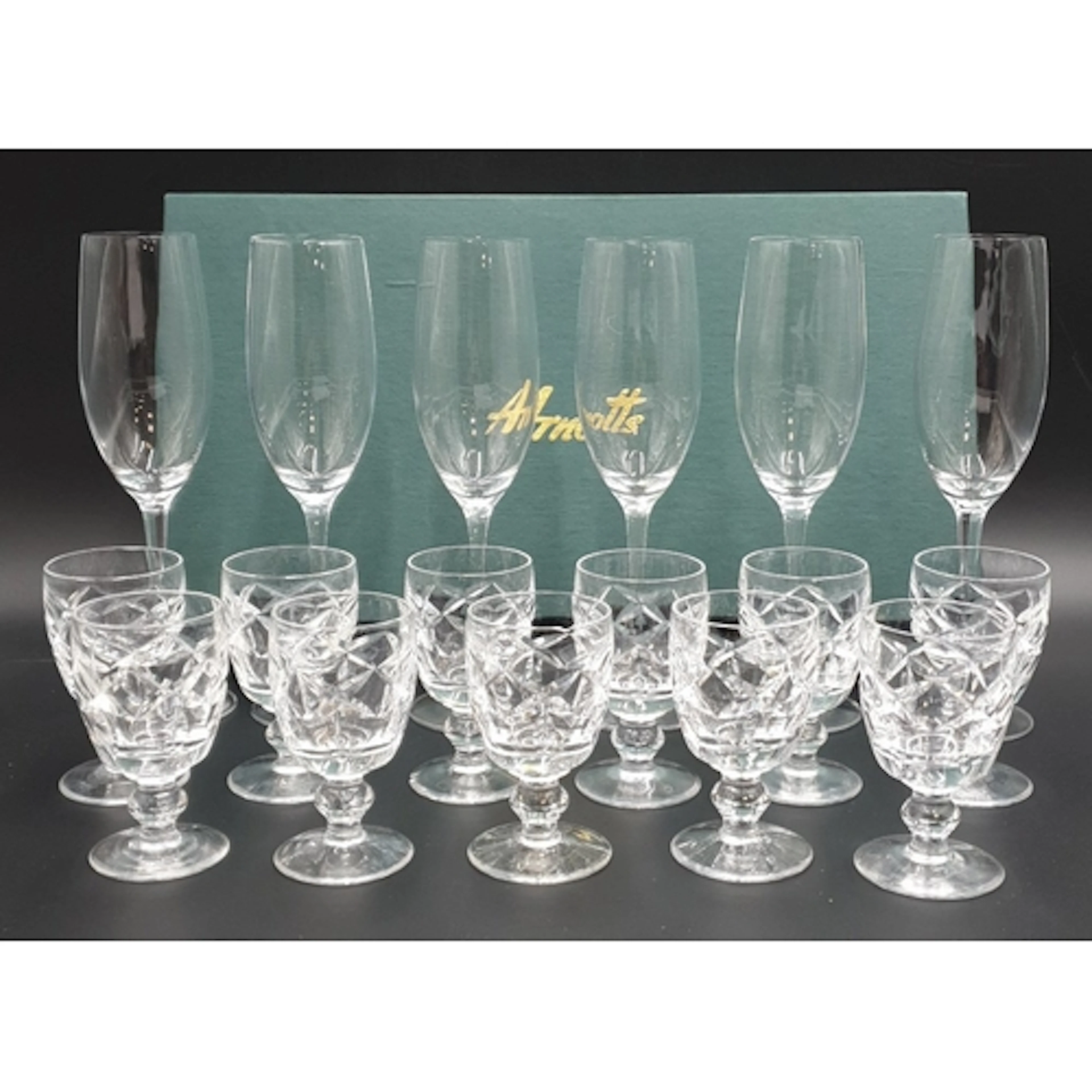 Lot of 6x Arnott's boxed Champagne Flues and Cut Glass Goble...