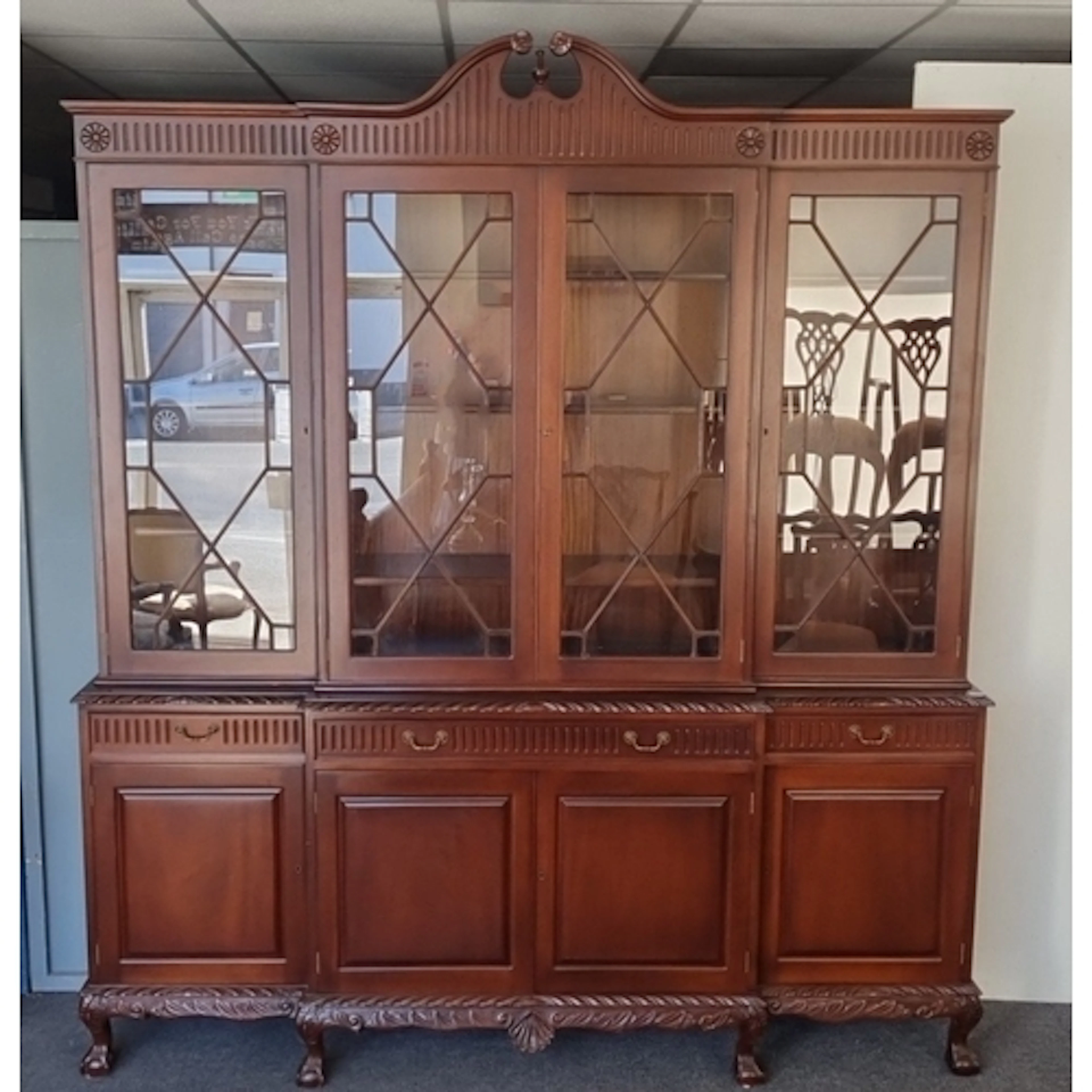 Chippendale style mahogany breakfront glazed display cabinet...