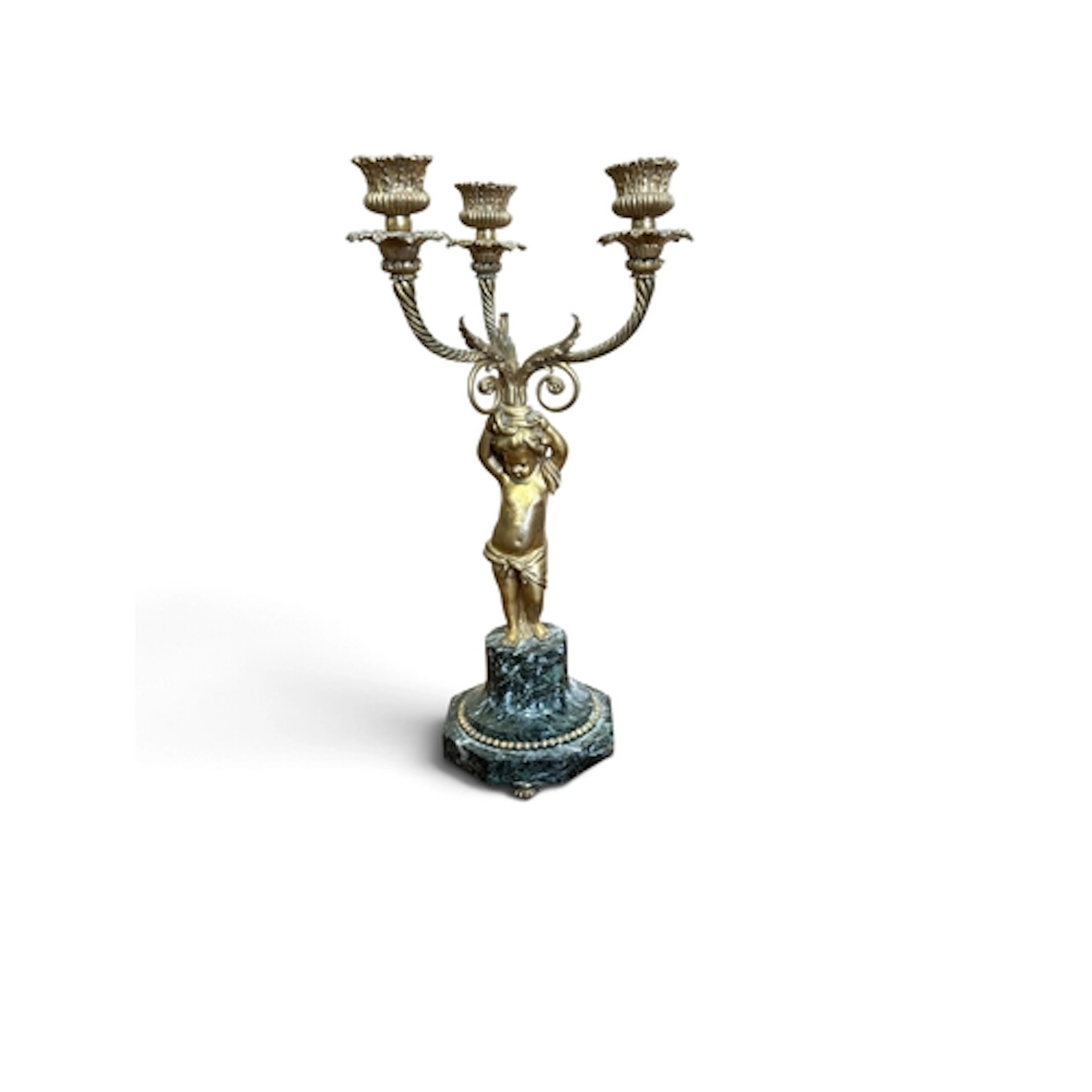 A FRENCH GUILD METAL AND VERDE ANTICO MARBLE BASE, 3 BRANCH ...