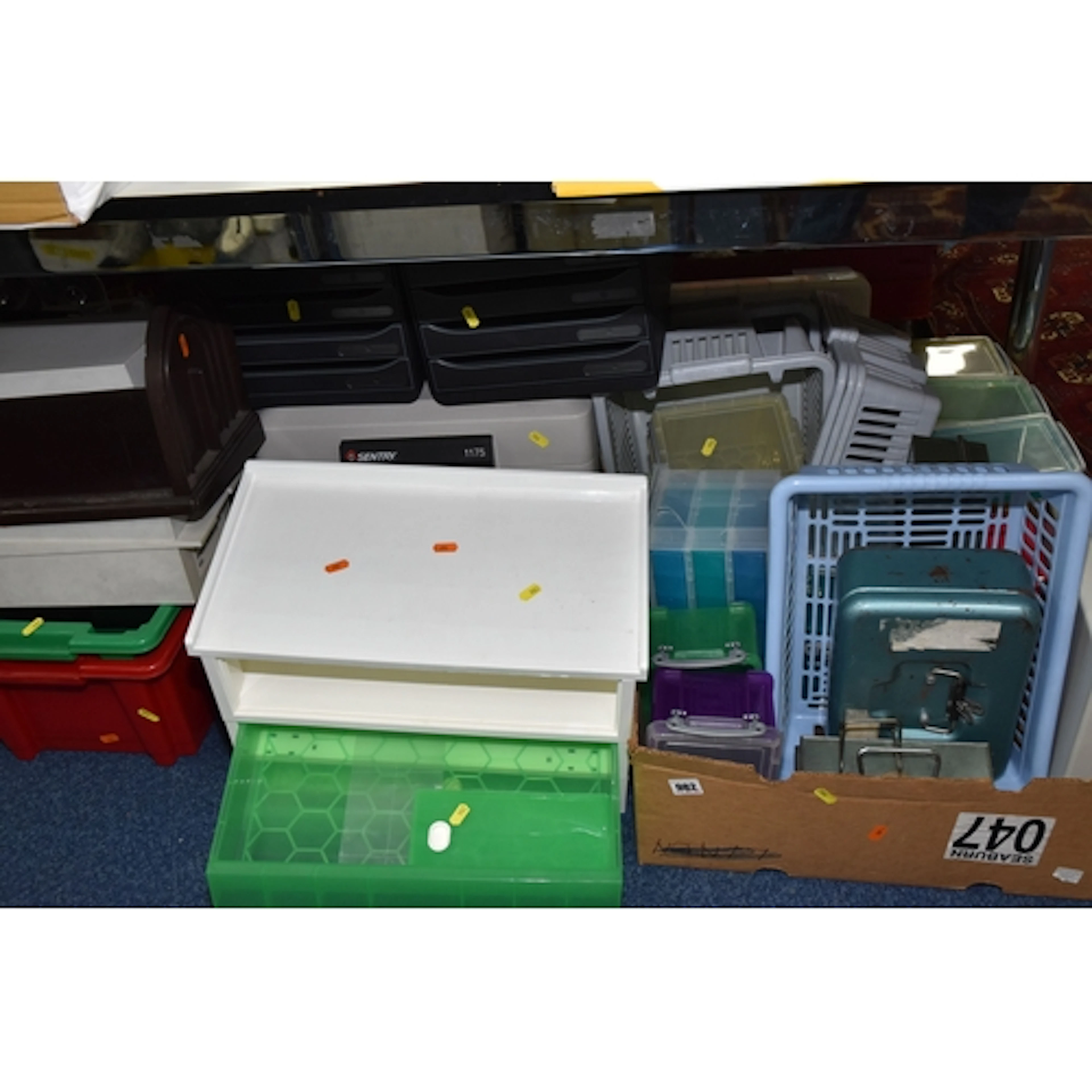TWO BOXES AND LOOSE MISCELLANEOUS PLASTIC STORAGE, to includ...