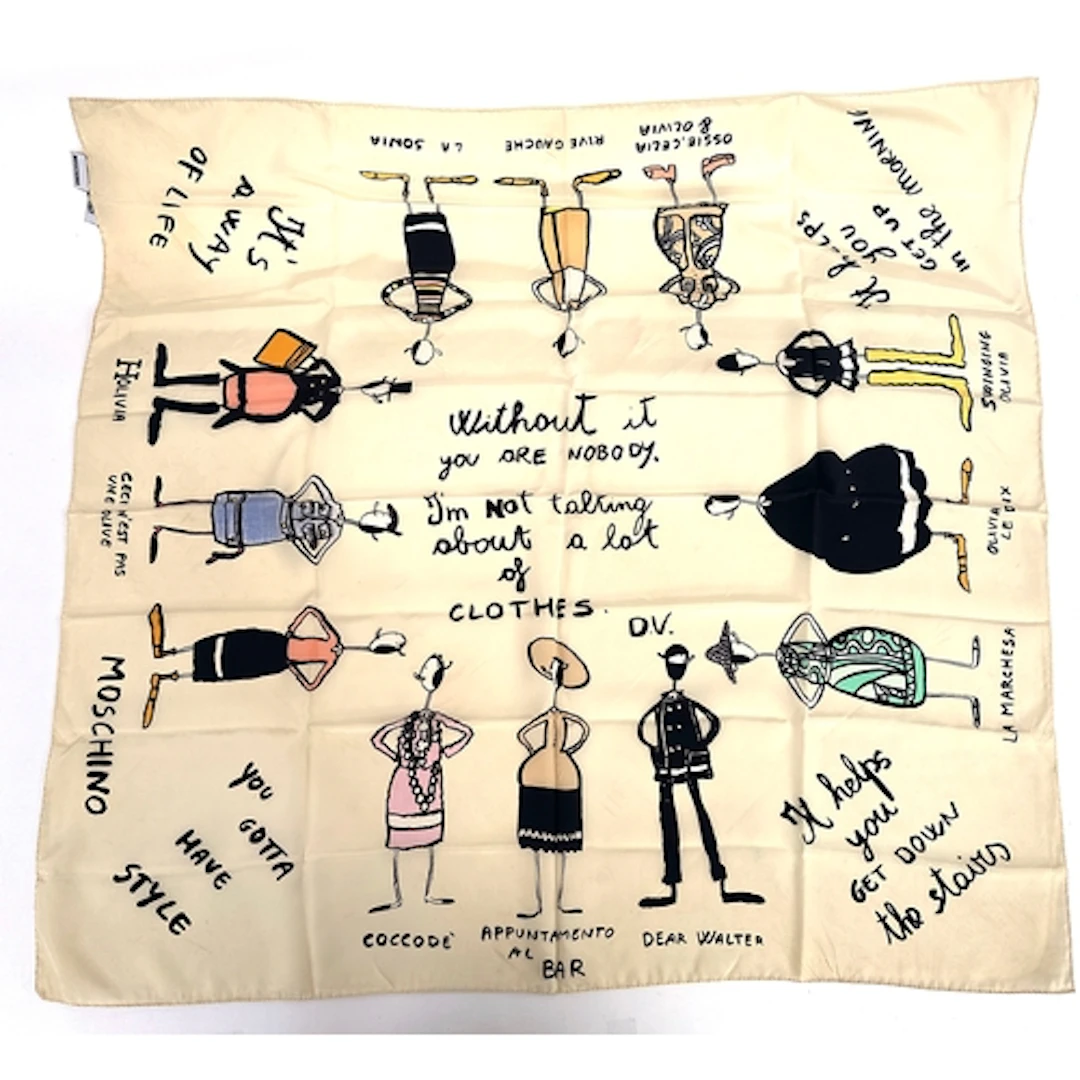A Moschino silk scarf with sketches of various figures in cl...