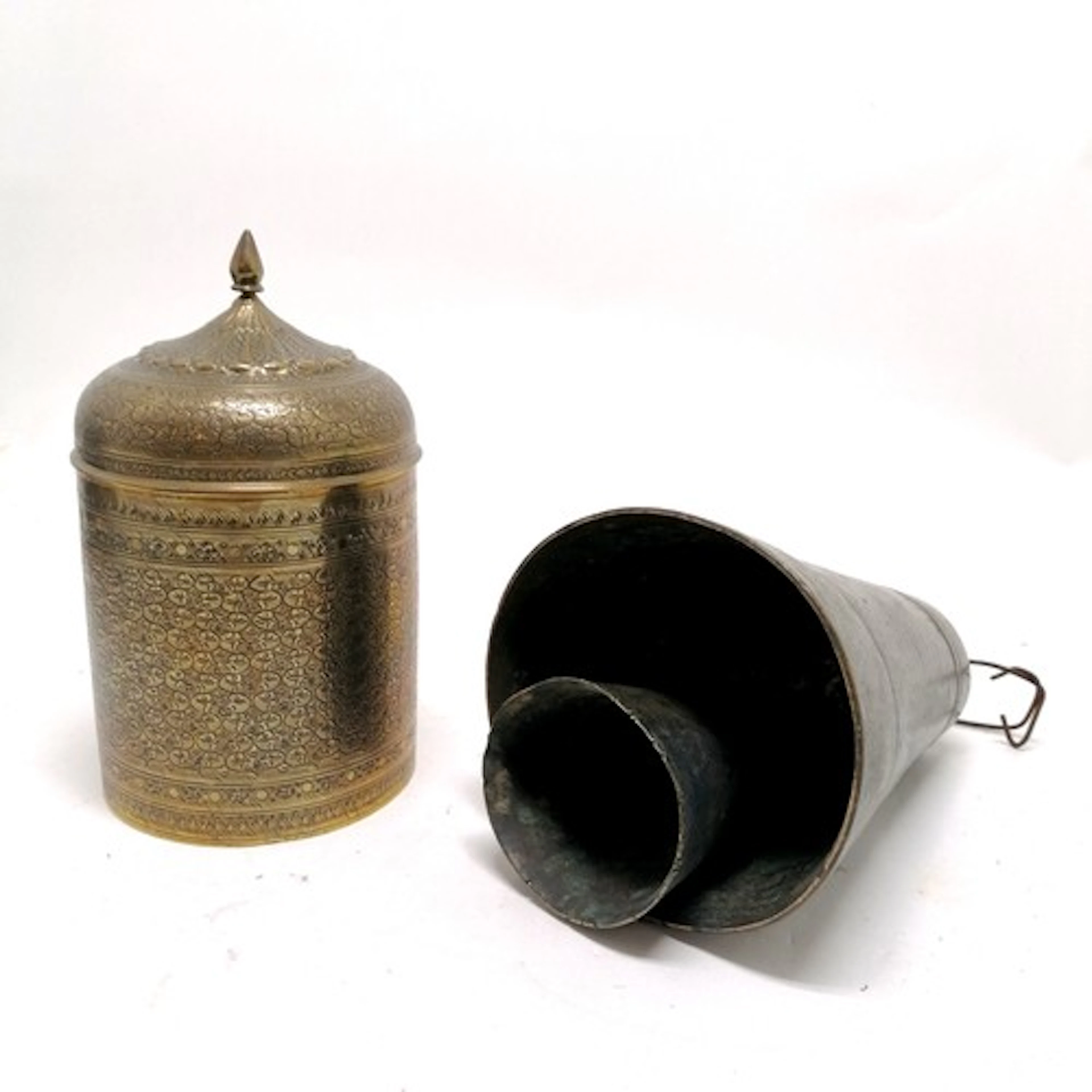 Antique Oriental temple bell (19cm high) t/w Eastern circula...