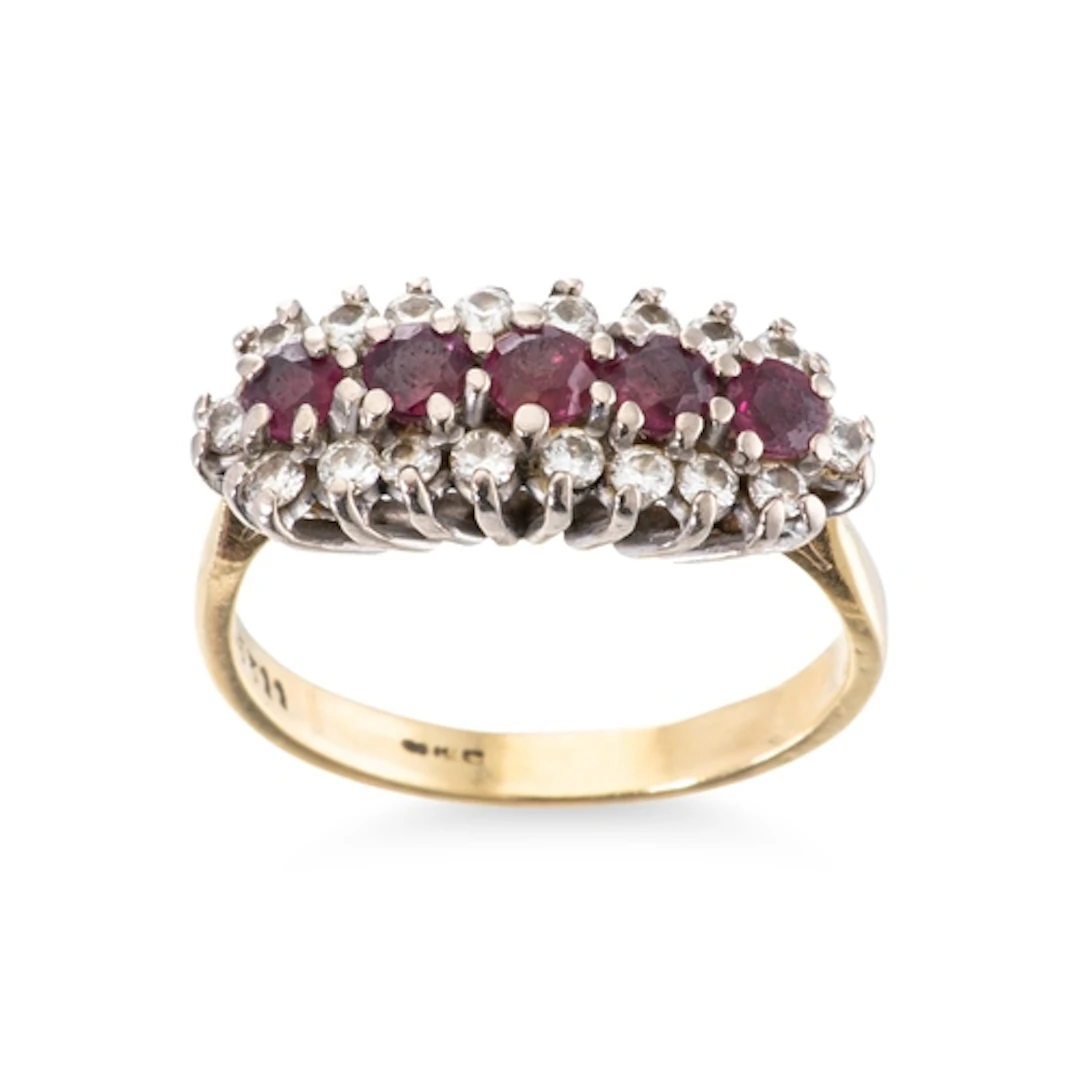 A DIAMOND AND GEMSTONE CLUSTER RING, mounted in 18ct yellow ...
