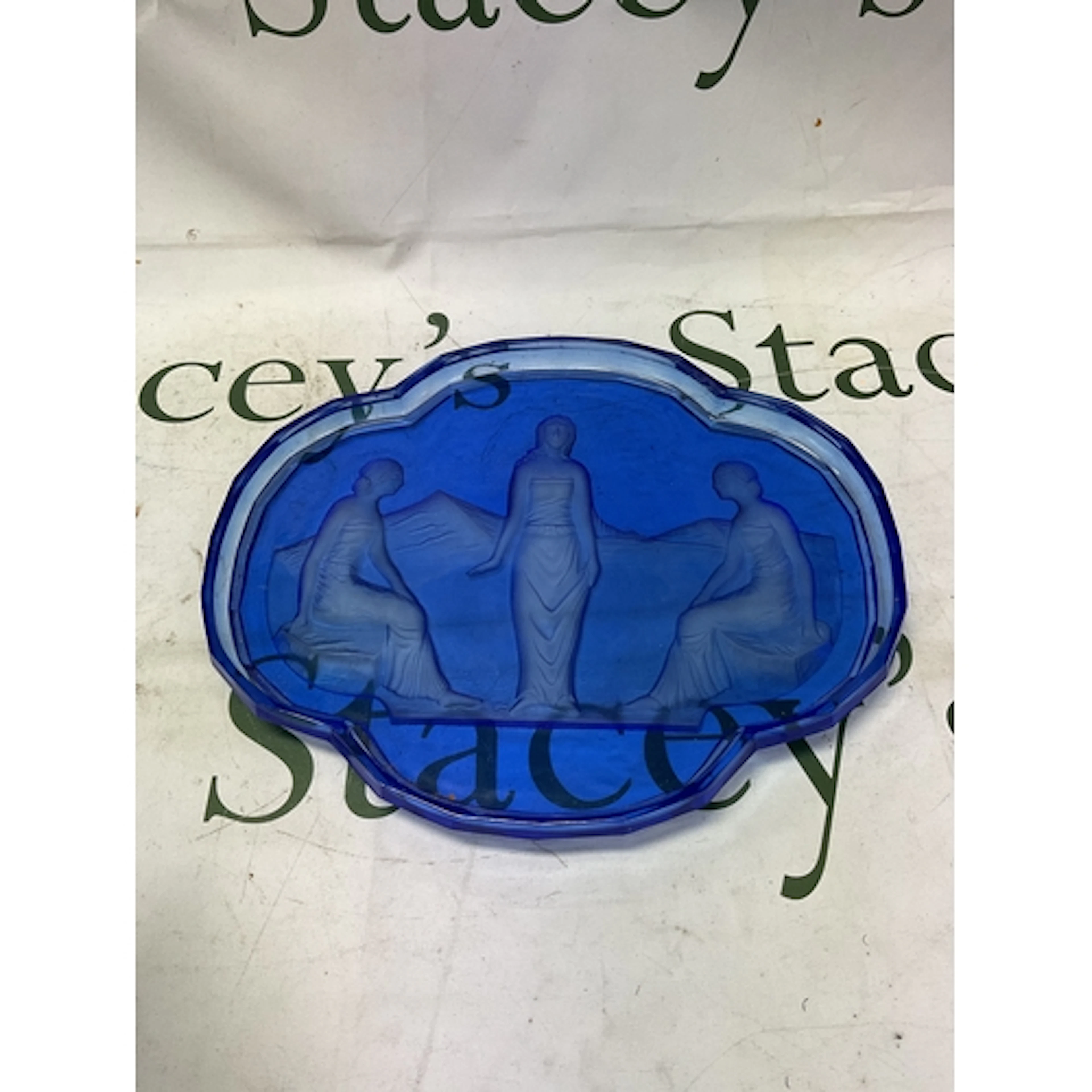 Early 20thC blue glass vanity dish for a ladies dressing tab...