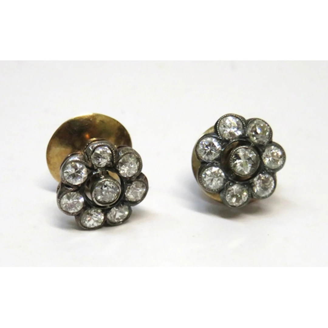 Pair of antique gold and old cut diamond set flower head clu...