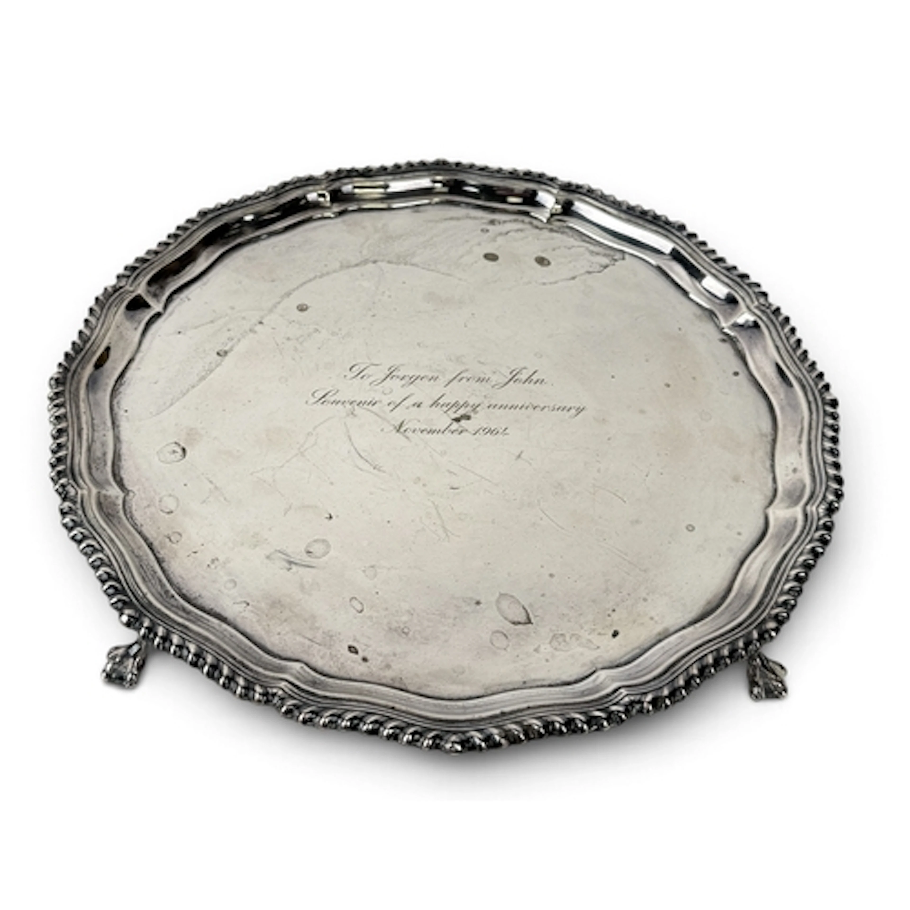A GEORGE III STYLE SHAPED CIRCULAR SILVER SALVER, WAKELEY &a...
