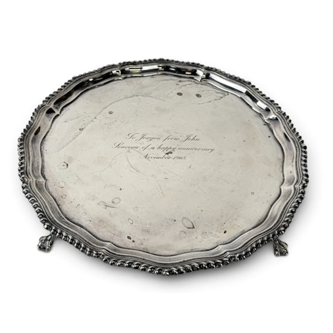 A GEORGE III STYLE SHAPED CIRCULAR SILVER SALVER, WAKELEY &a...