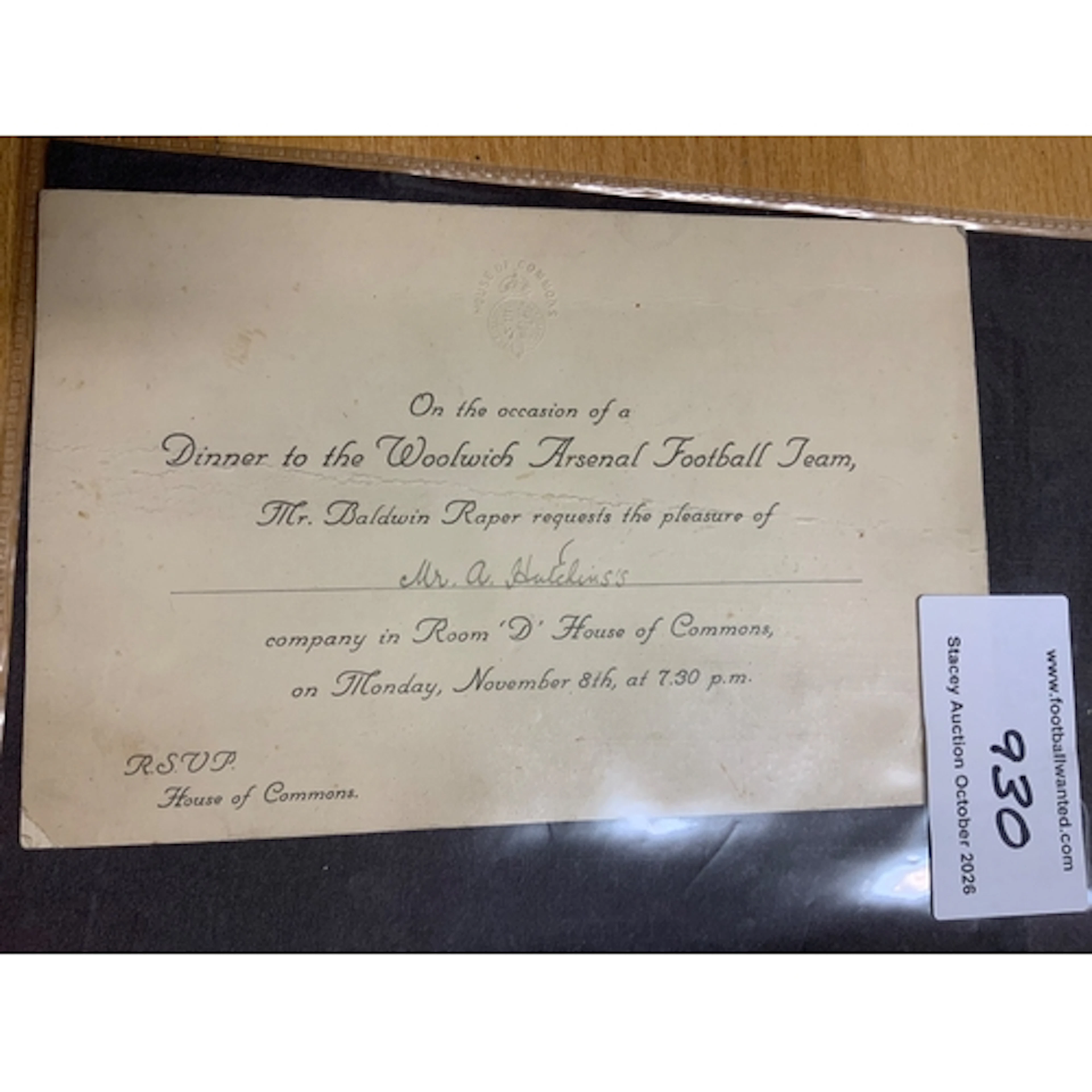 1922 Woolwich Arsenal House Of Commons Invitation: Embossed ...