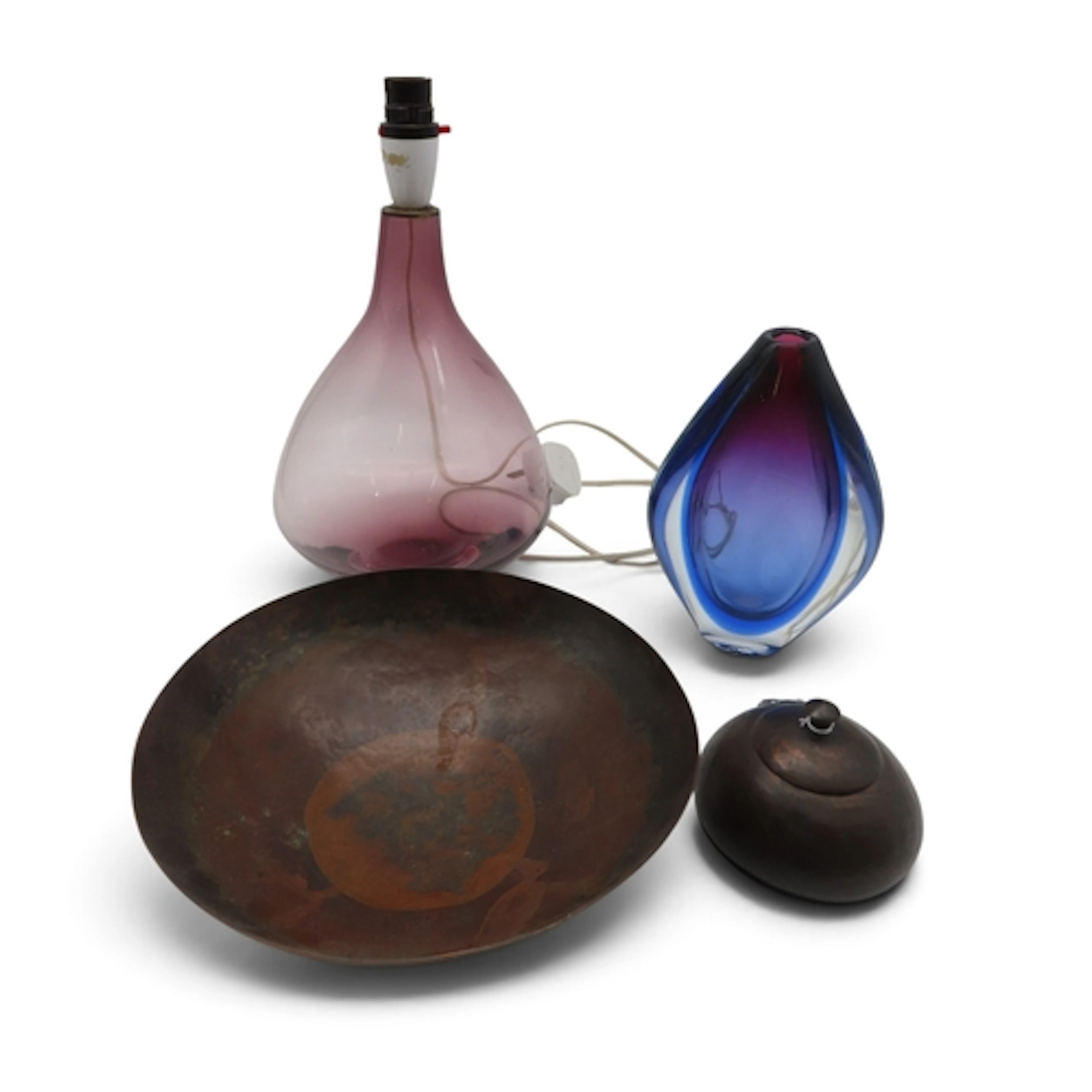 A hammered copper inkwell and bowl, a amethyst glass table l...
