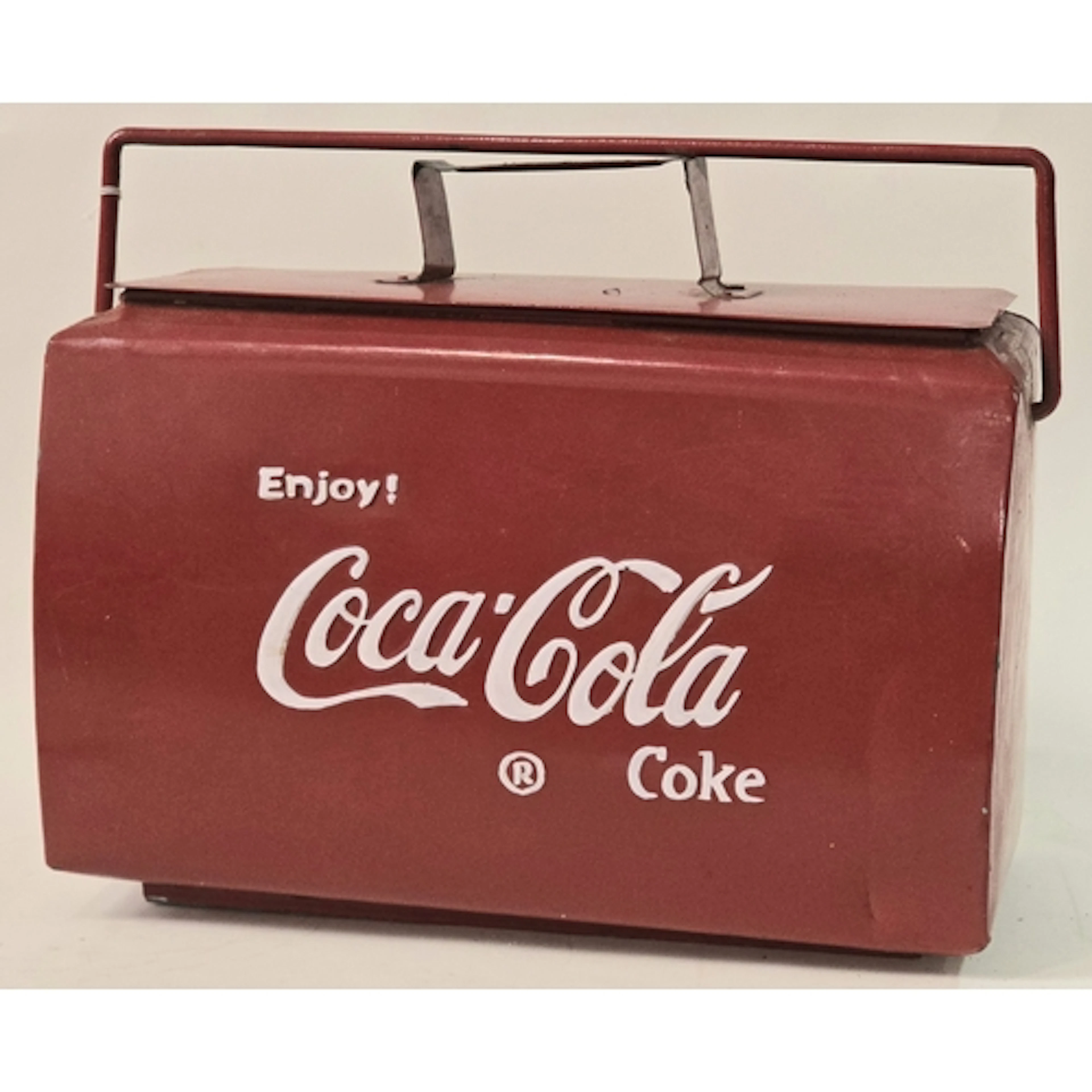 A vintage red painted Coca Cola metal cool box. 36x44x23cms.