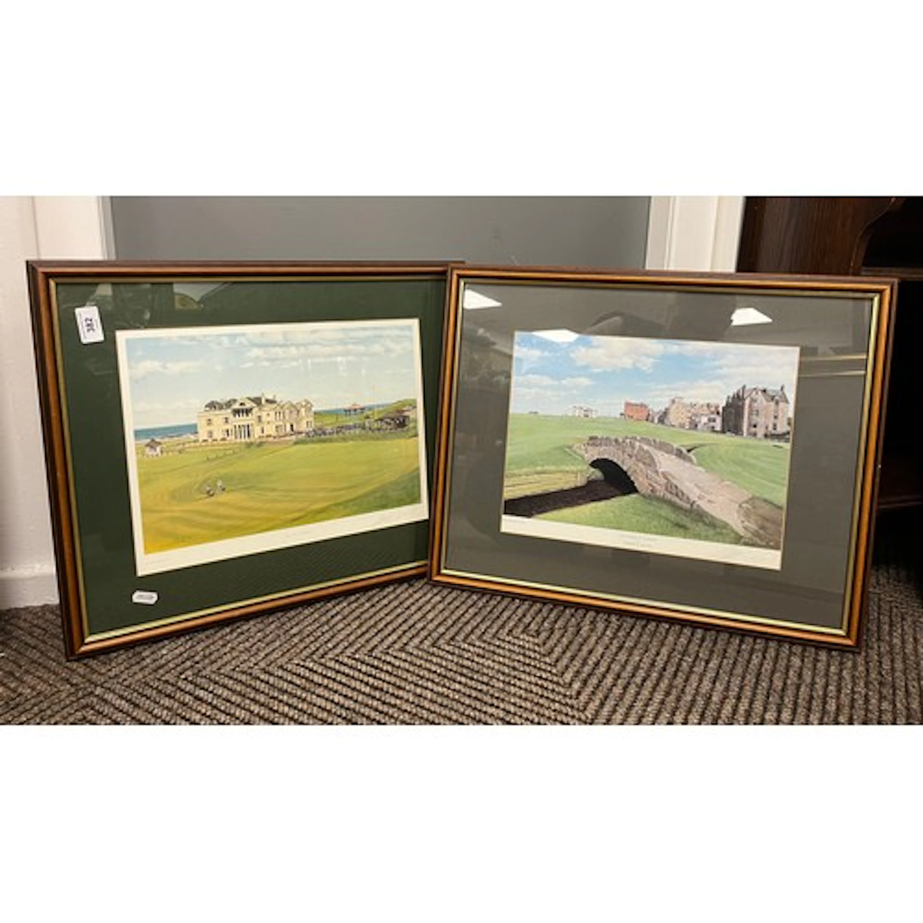 Five assorted framed limited edition golfing prints.